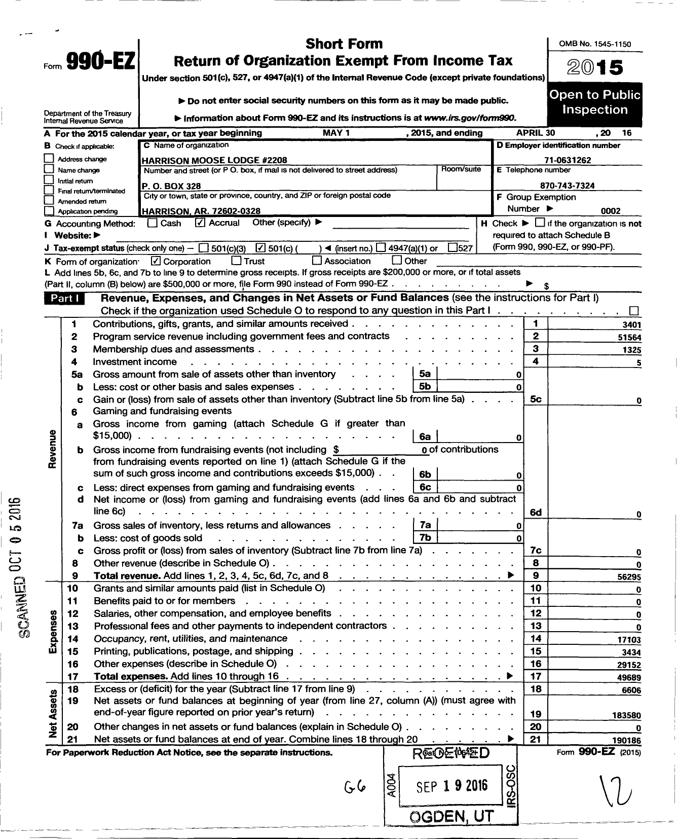 Image of first page of 2015 Form 990EO for Loyal Order of Moose - 2208