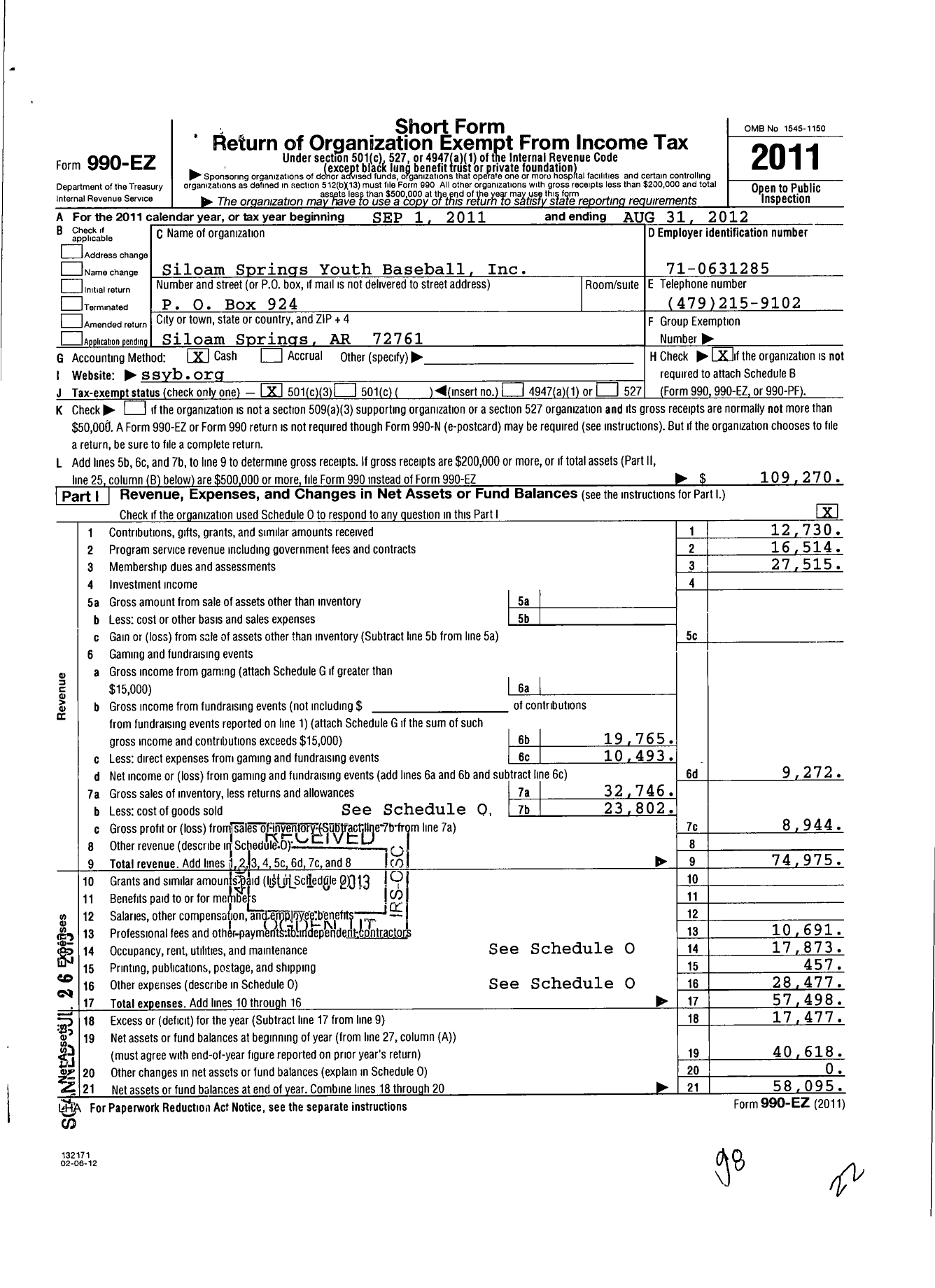 Image of first page of 2011 Form 990EZ for Siloam Springs Youth Baseball