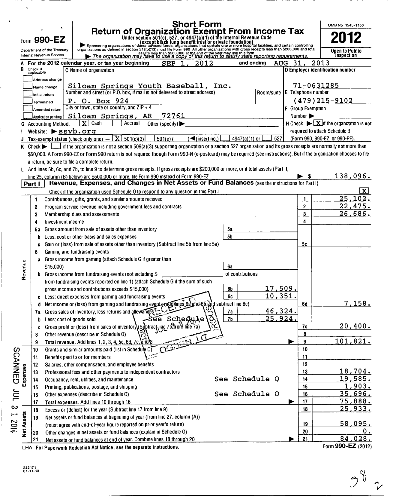 Image of first page of 2012 Form 990EZ for Siloam Springs Youth Baseball