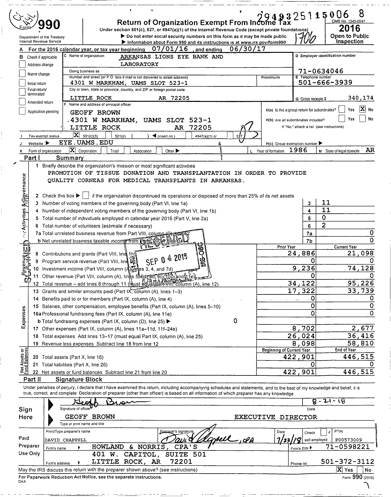 Image of first page of 2016 Form 990 for Arkansas Lions Eye Bank and Laboratory