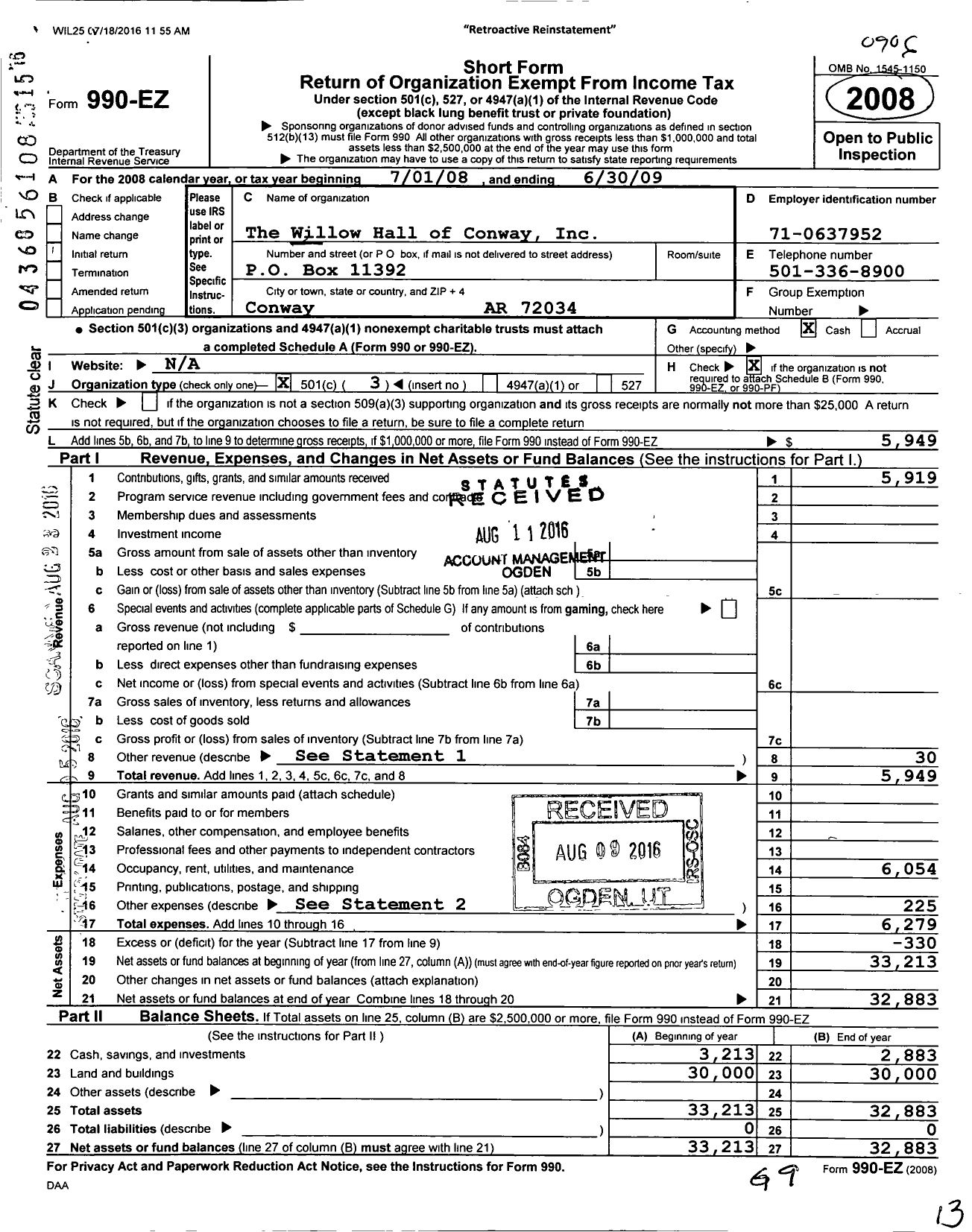 Image of first page of 2008 Form 990EZ for Willow Hall of Conway Incorporated