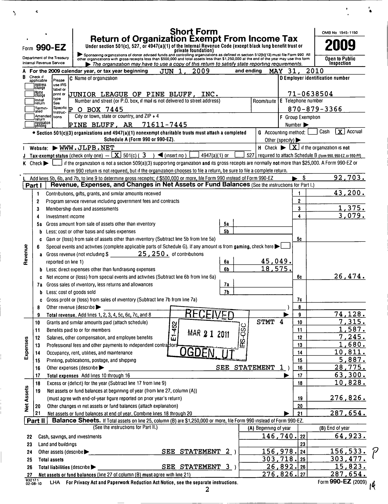 Image of first page of 2009 Form 990EZ for The Junior League of Pine Bluff