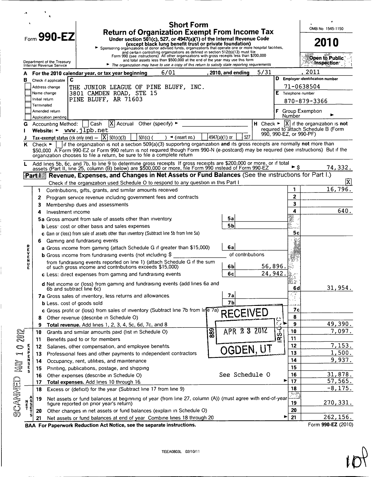 Image of first page of 2010 Form 990EZ for The Junior League of Pine Bluff