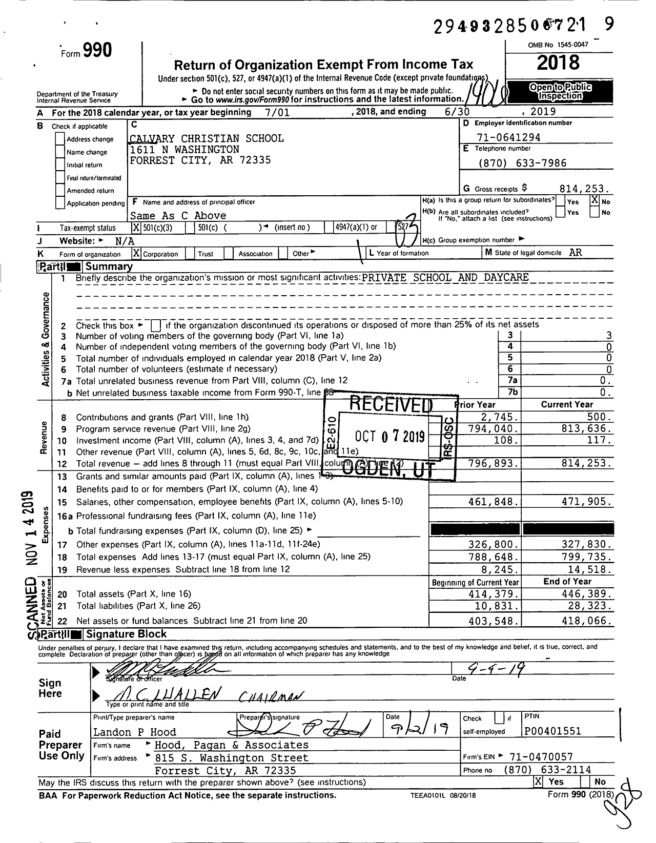 Image of first page of 2018 Form 990 for Calvary Christian School