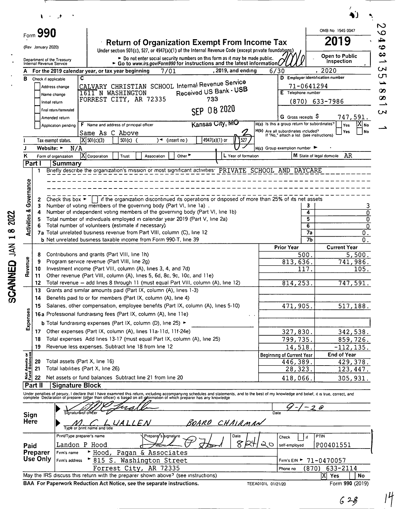 Image of first page of 2019 Form 990 for Calvary Christian School