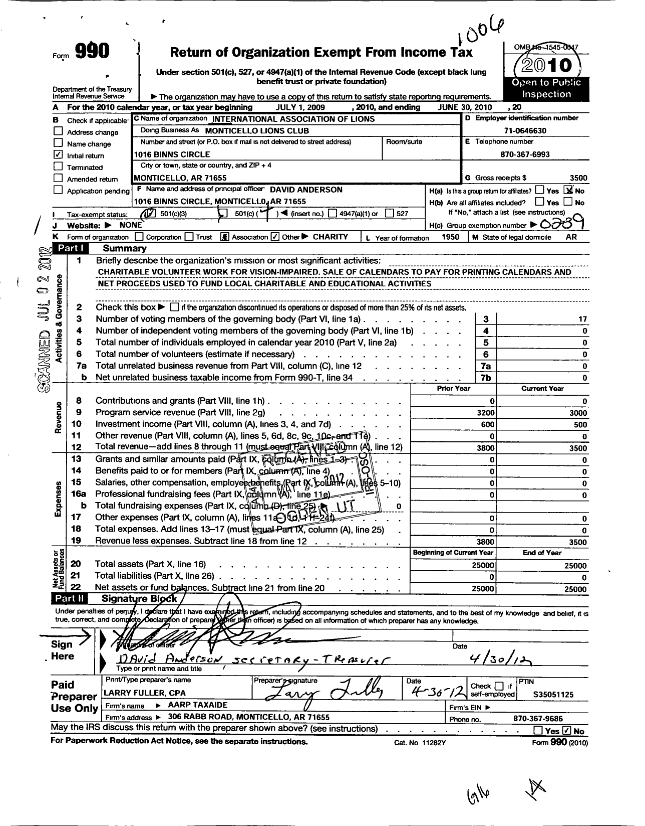 Image of first page of 2009 Form 990O for Lions Clubs - Monticello Lions Club / Monticello Lions Club