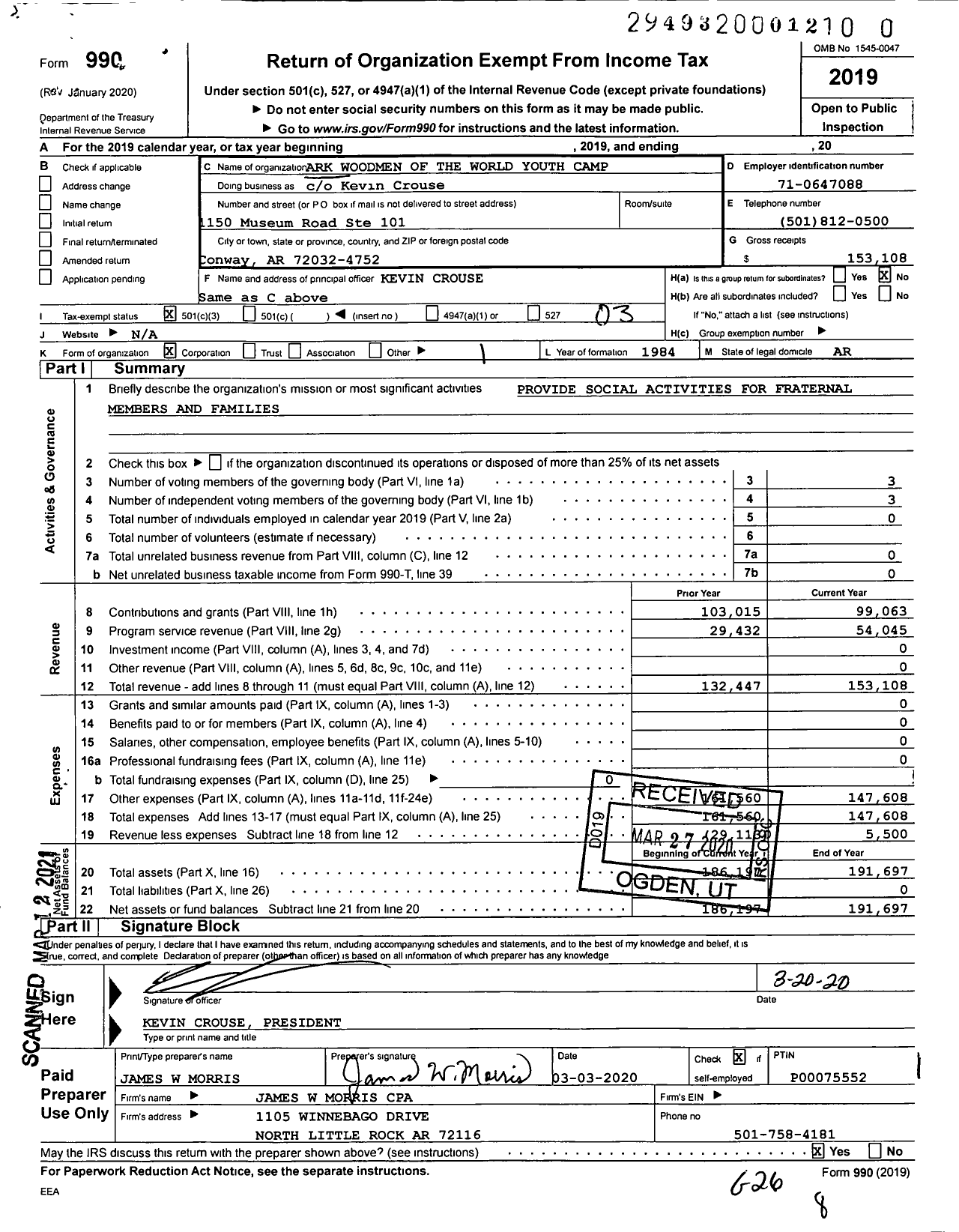 Image of first page of 2019 Form 990 for Ark Woodmen of the World Youth Camp