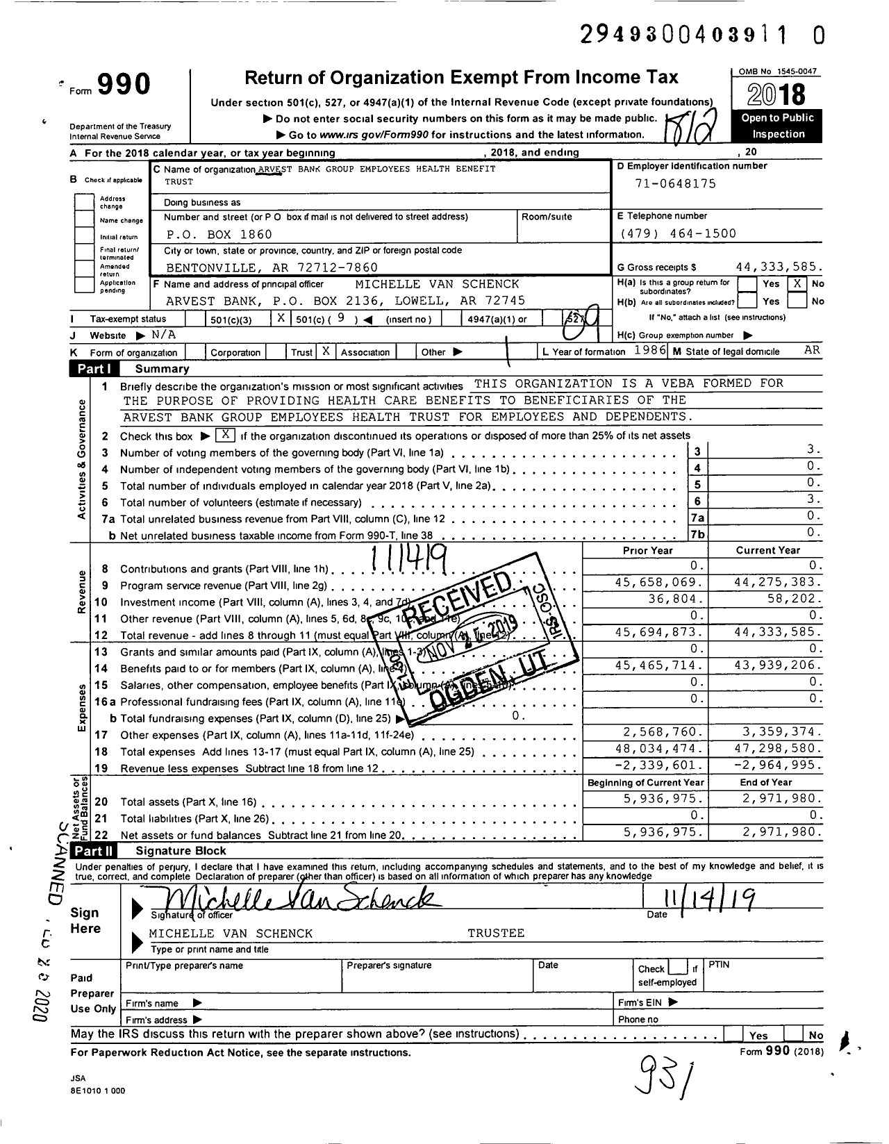Image of first page of 2018 Form 990O for Arvest Bank Group Employees Health Benefit Trust
