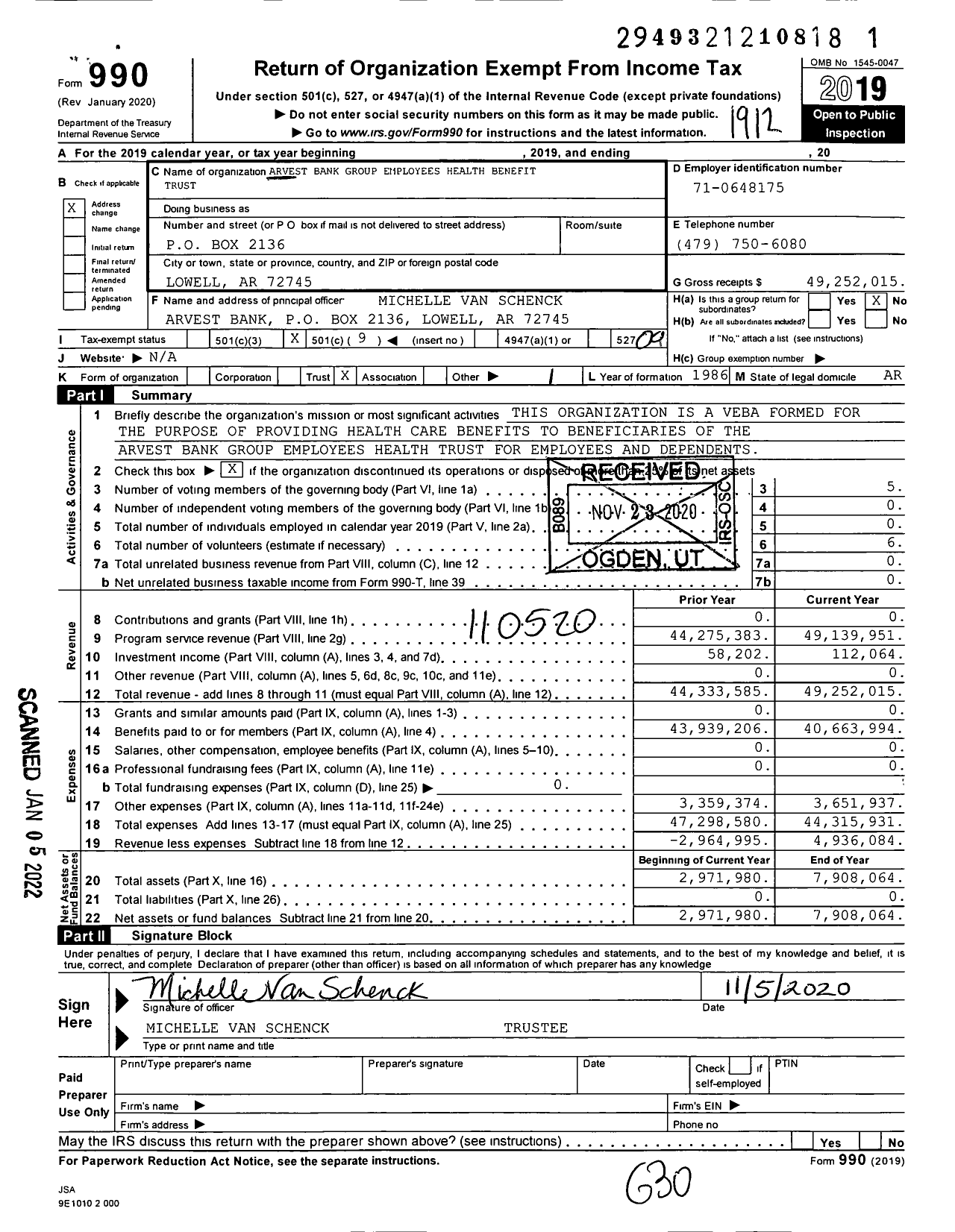 Image of first page of 2019 Form 990O for Arvest Bank Group Employees Health Benefit Trust