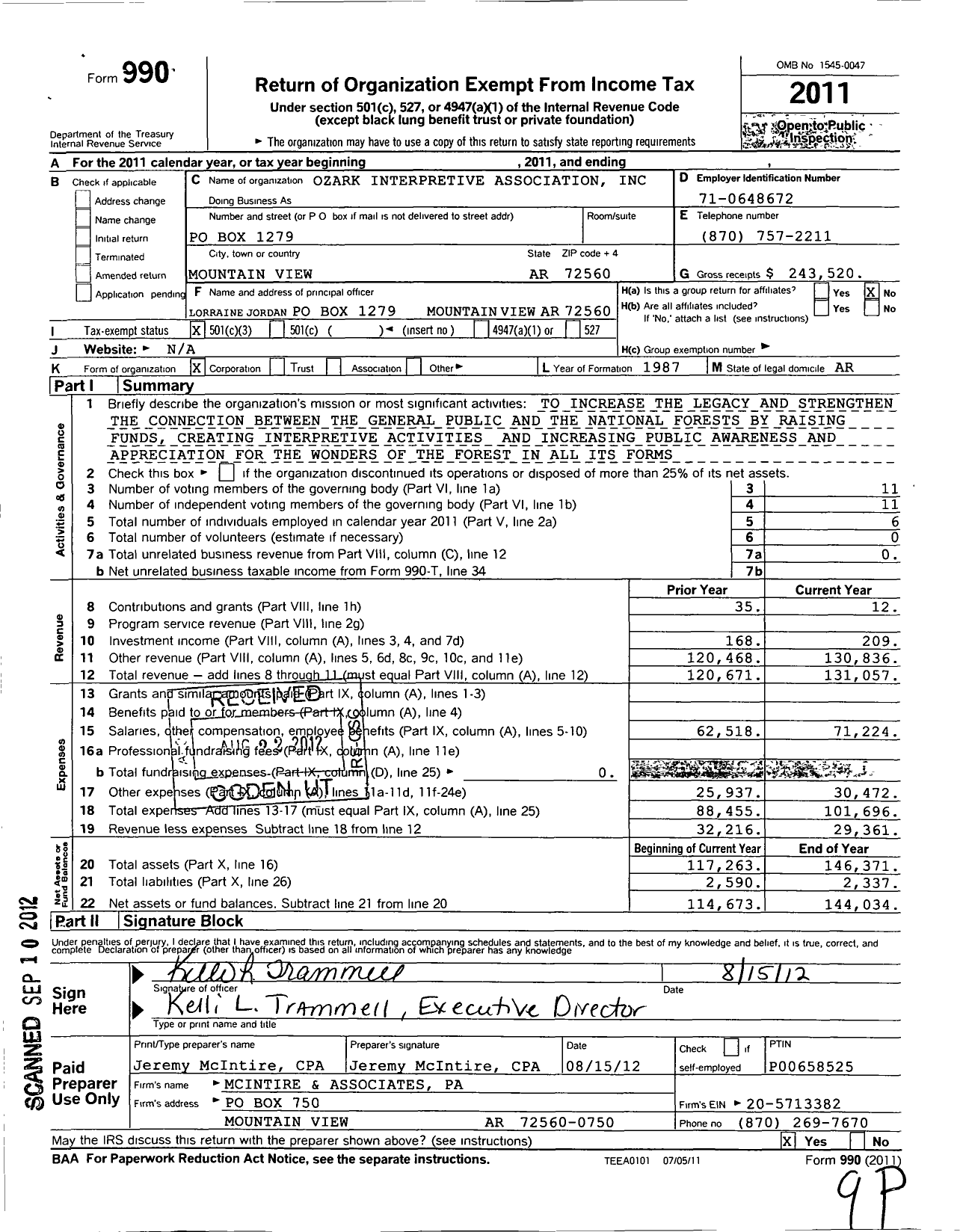 Image of first page of 2011 Form 990 for Ozark Interpretive Association