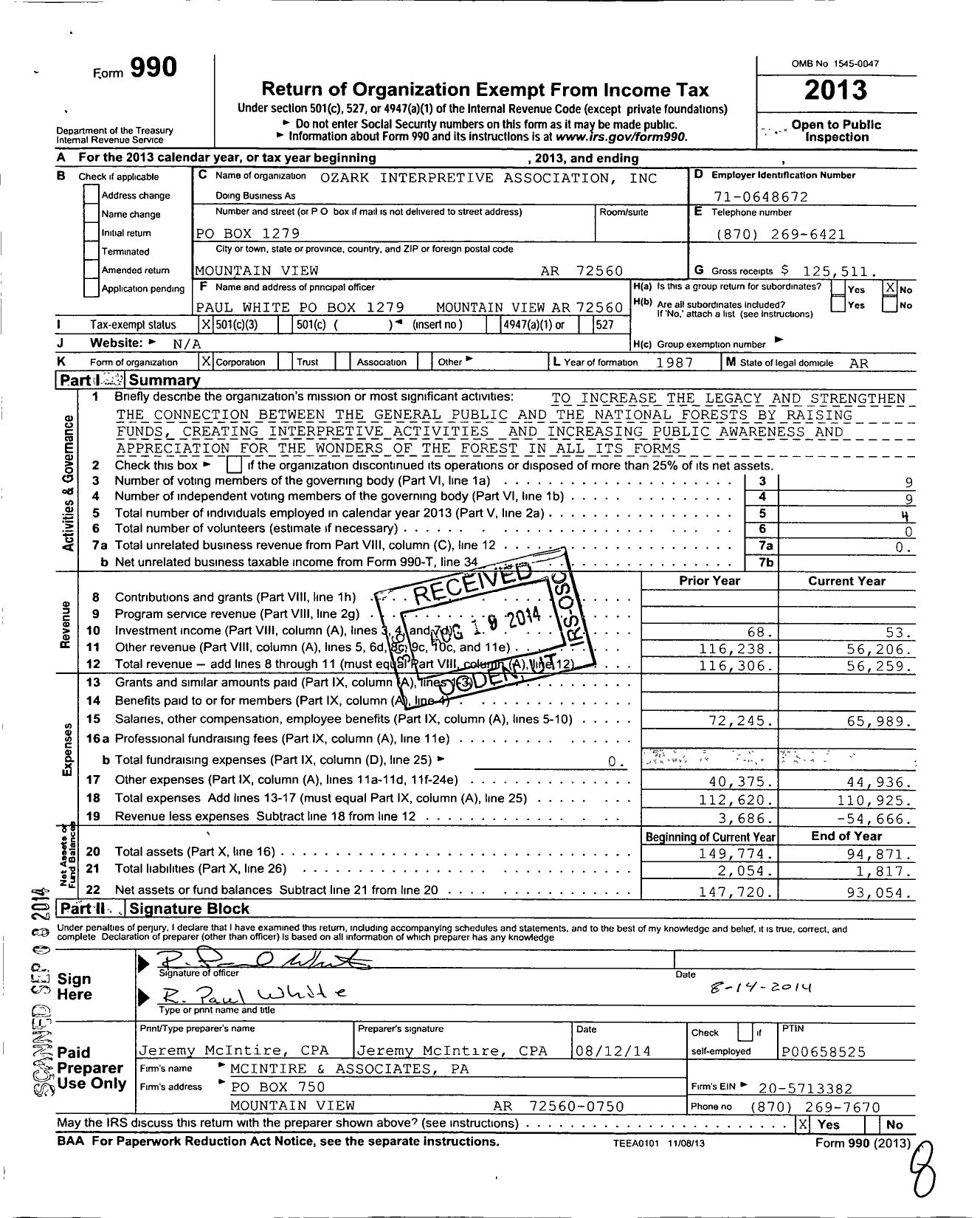 Image of first page of 2013 Form 990 for Ozark Interpretive Association