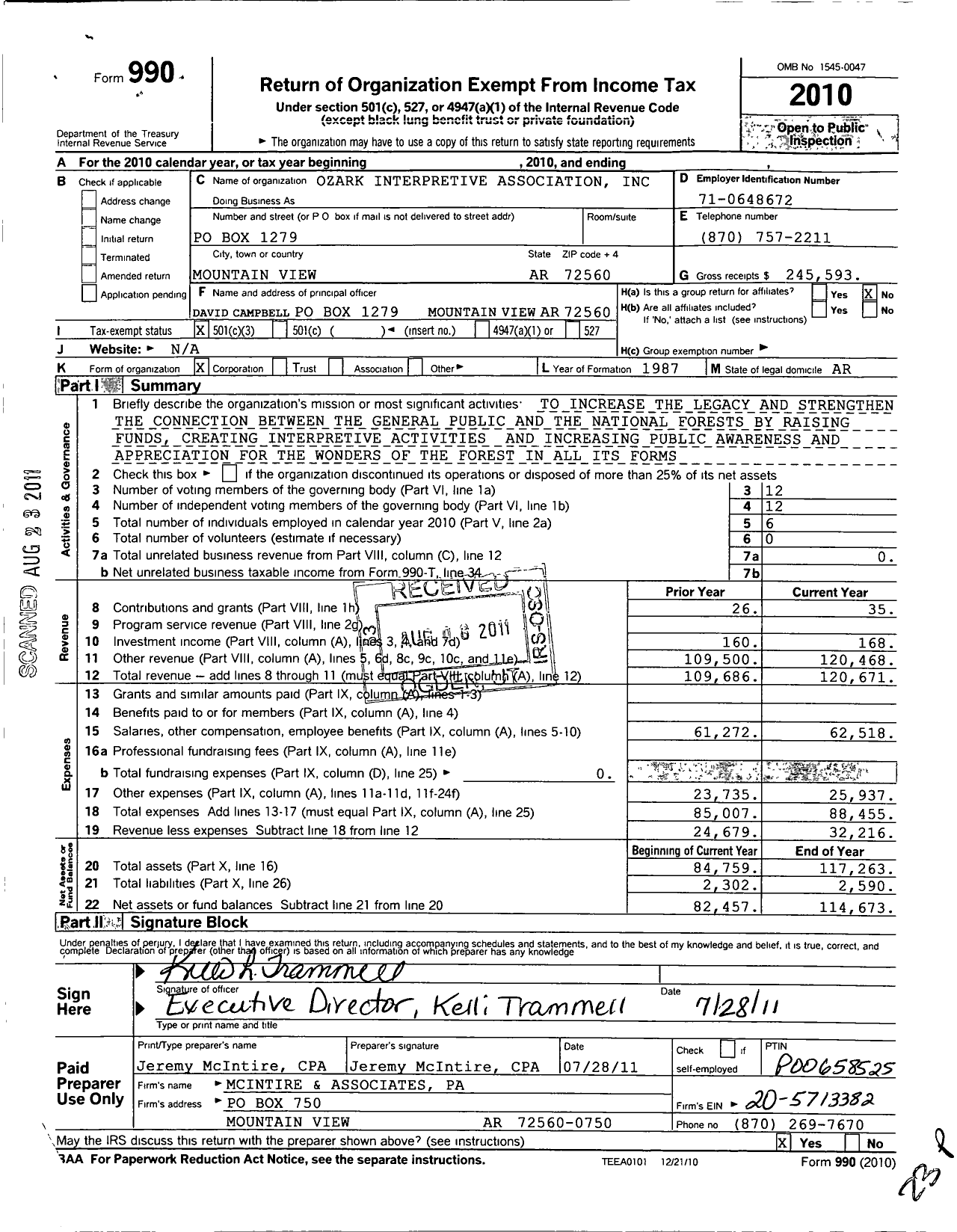 Image of first page of 2010 Form 990 for Ozark Interpretive Association