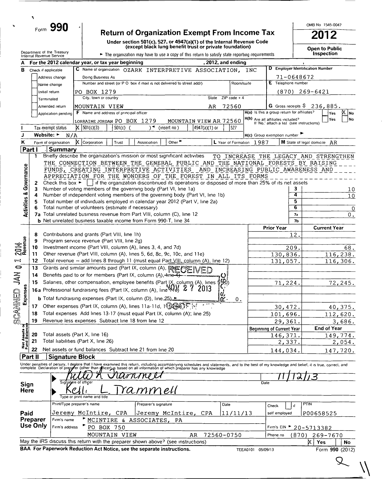 Image of first page of 2012 Form 990 for Ozark Interpretive Association