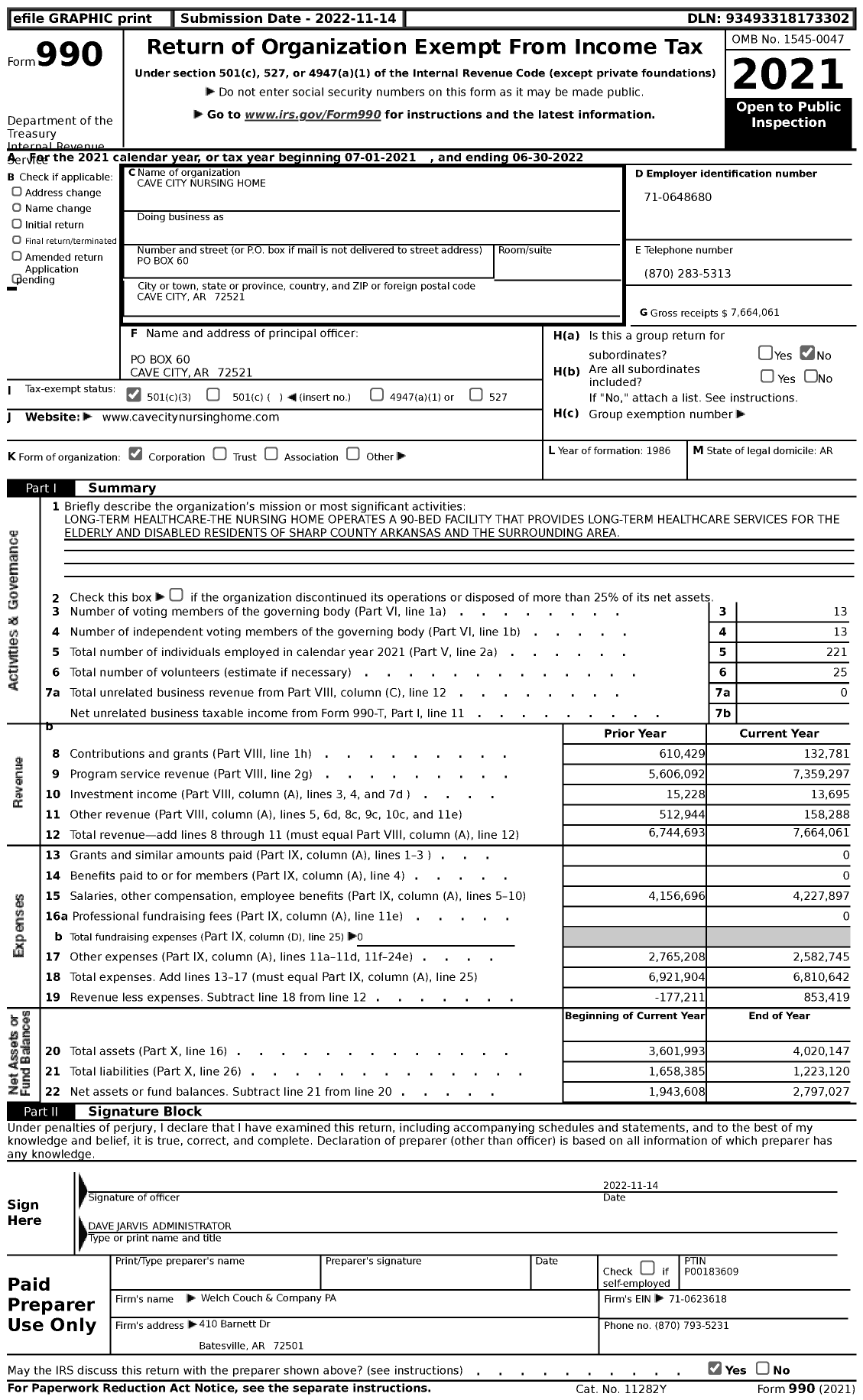 Image of first page of 2021 Form 990 for Cave City Nursing Home