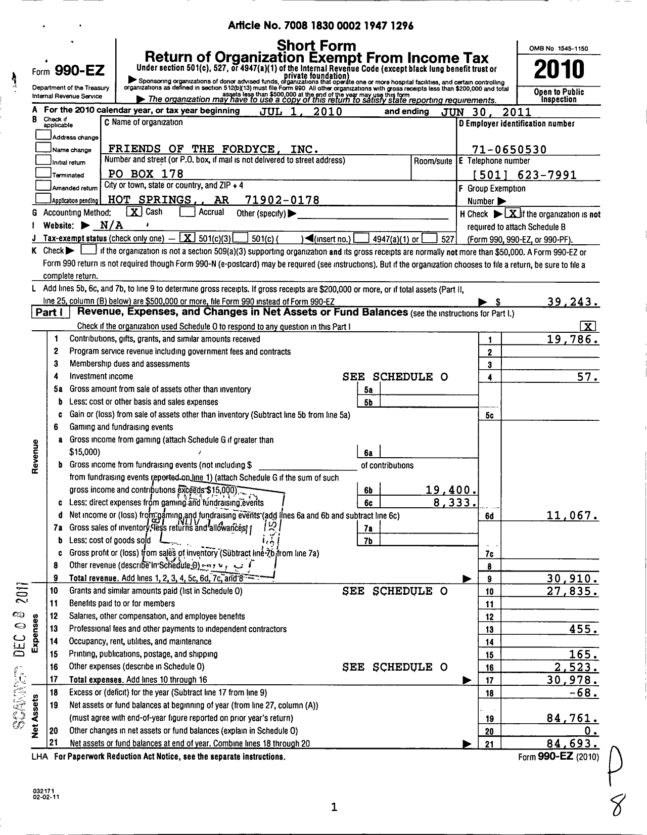 Image of first page of 2010 Form 990EZ for Friends of Hot Springs National Park