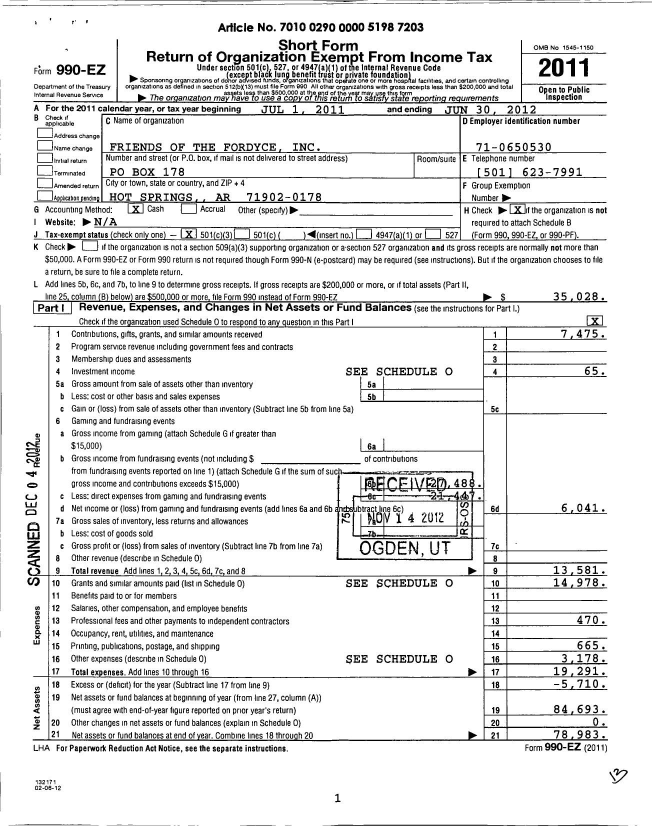 Image of first page of 2011 Form 990EZ for Friends of Hot Springs National Park