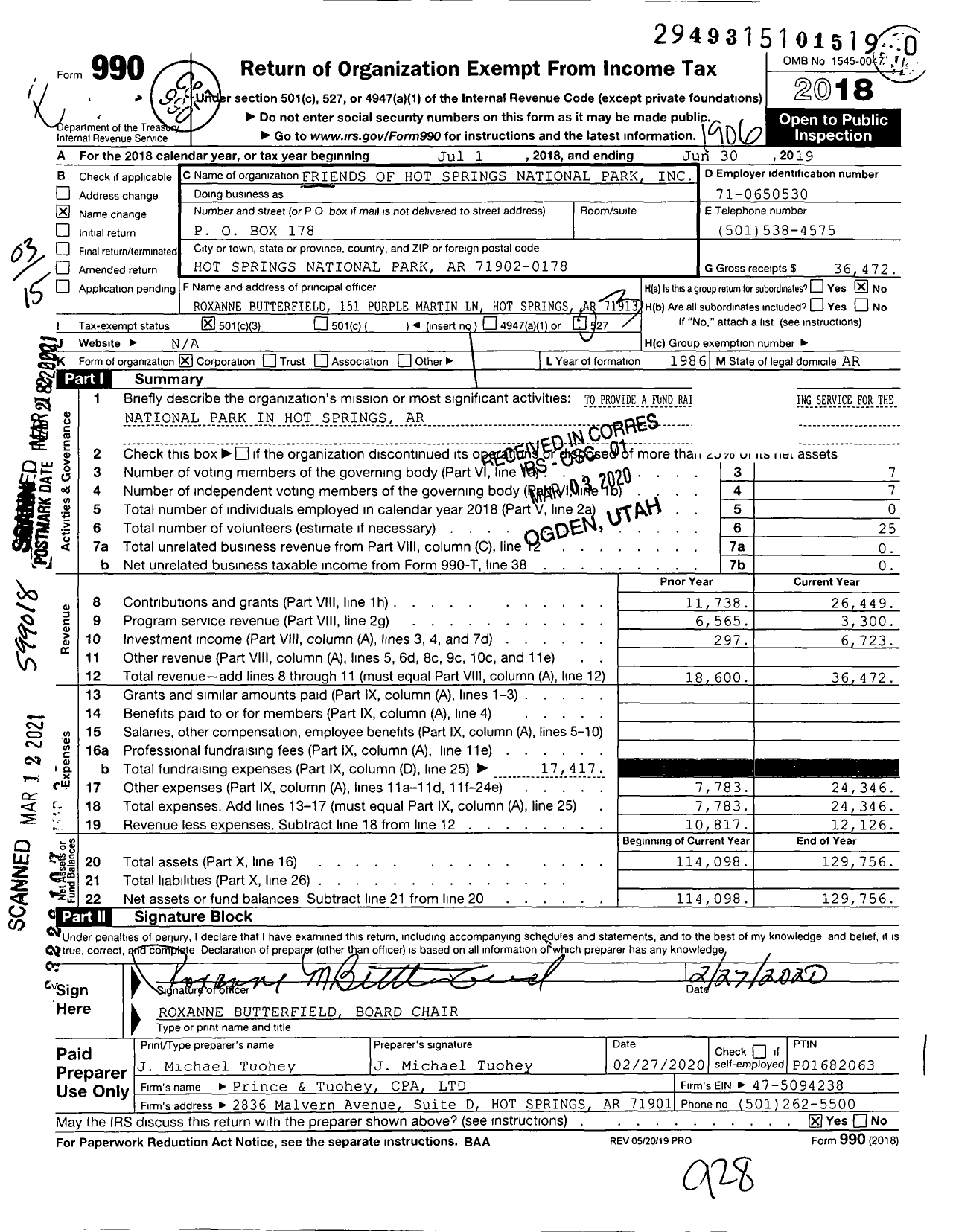 Image of first page of 2018 Form 990 for Friends of Hot Springs National Park