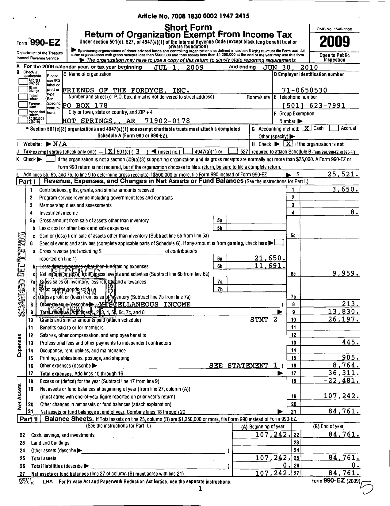 Image of first page of 2009 Form 990EZ for Friends of Hot Springs National Park