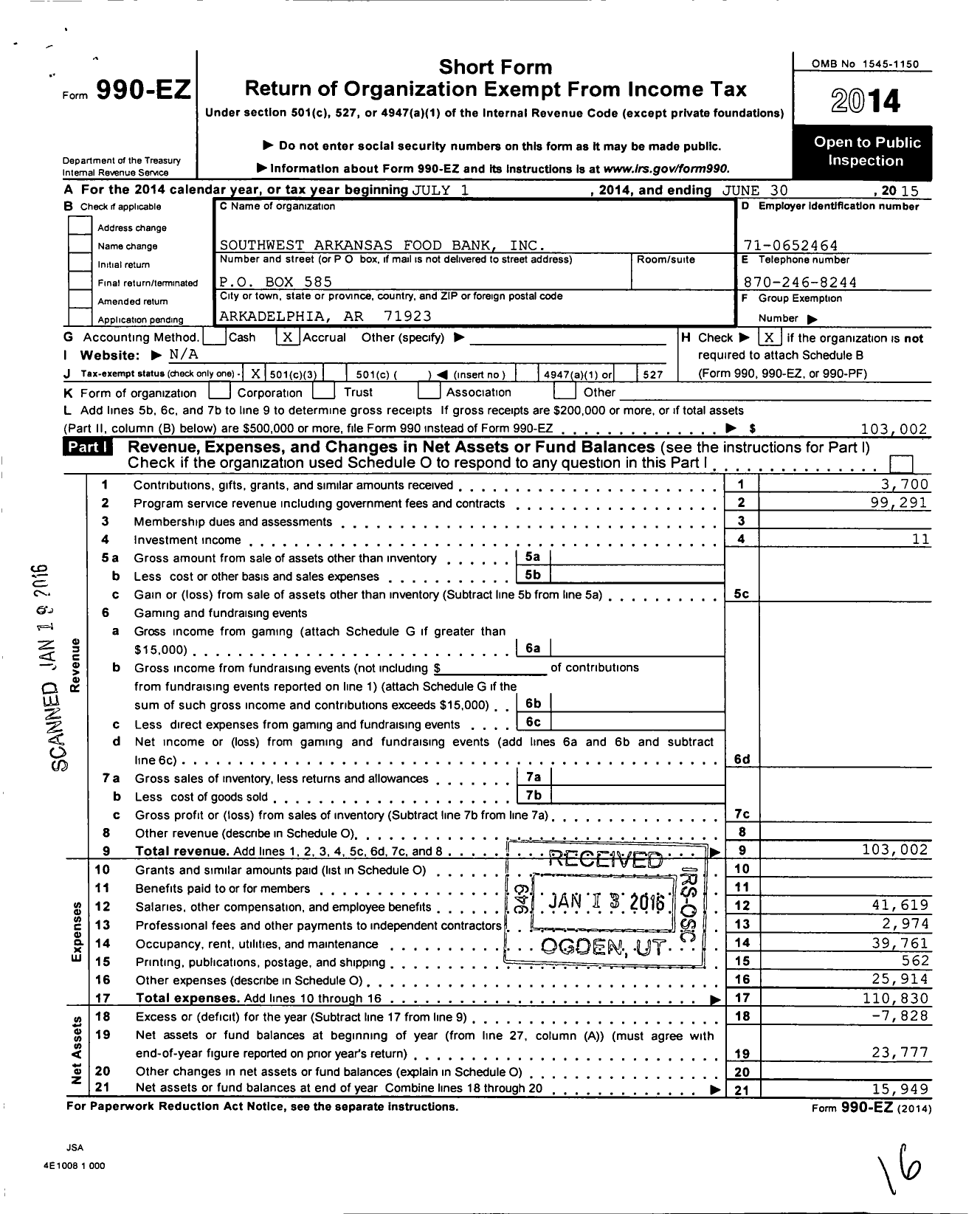 Image of first page of 2014 Form 990EZ for Southwest Arkansas Food Bank