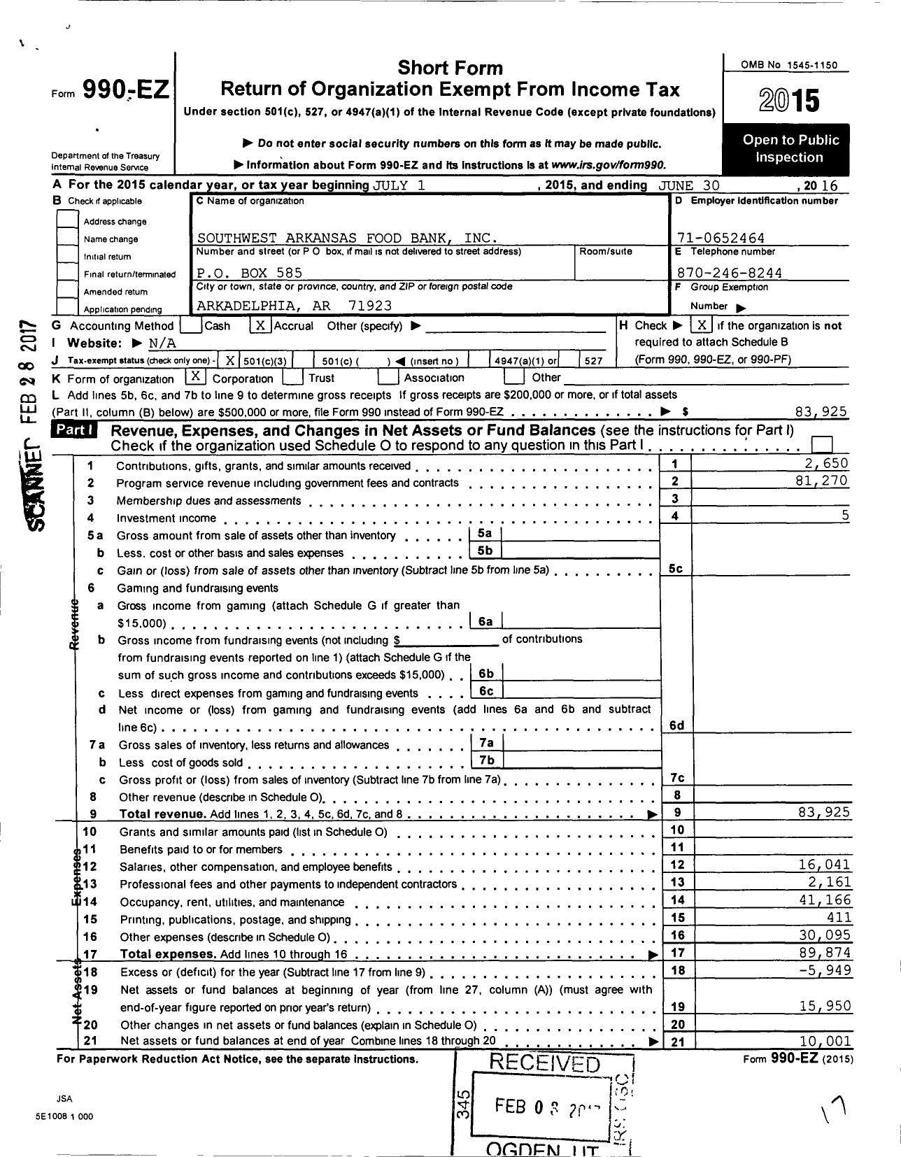 Image of first page of 2015 Form 990EZ for Southwest Arkansas Food Bank