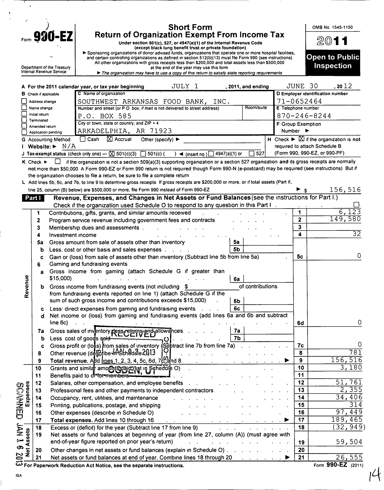 Image of first page of 2011 Form 990EZ for Southwest Arkansas Food Bank