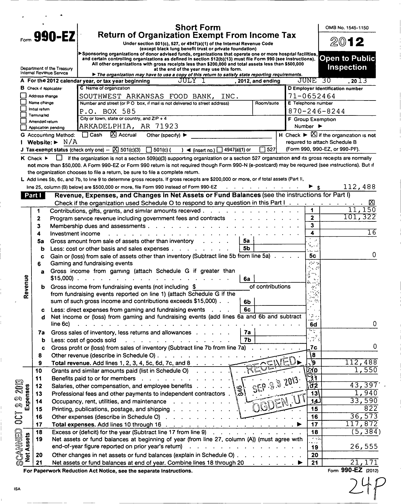 Image of first page of 2012 Form 990EZ for Southwest Arkansas Food Bank