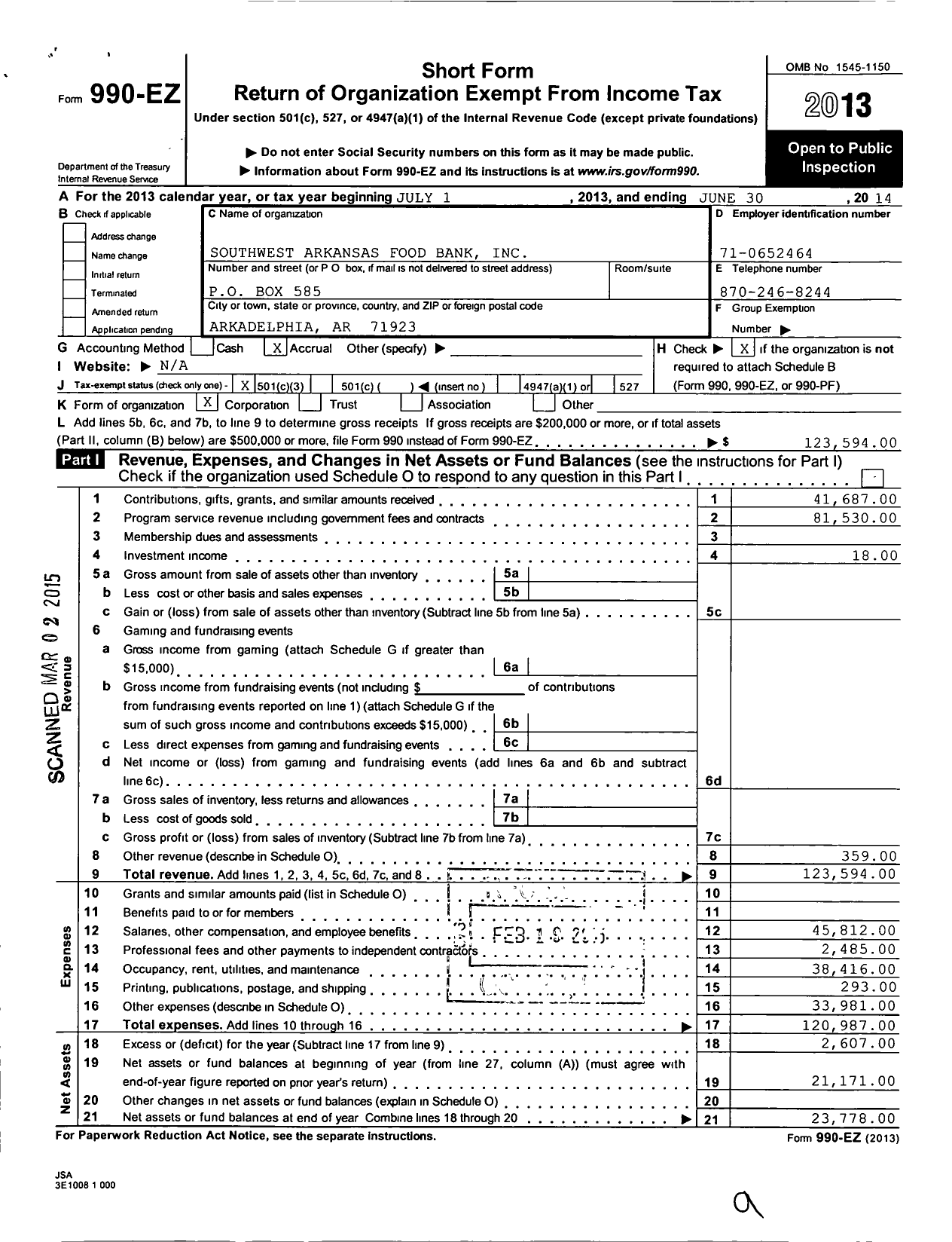 Image of first page of 2013 Form 990EZ for Southwest Arkansas Food Bank