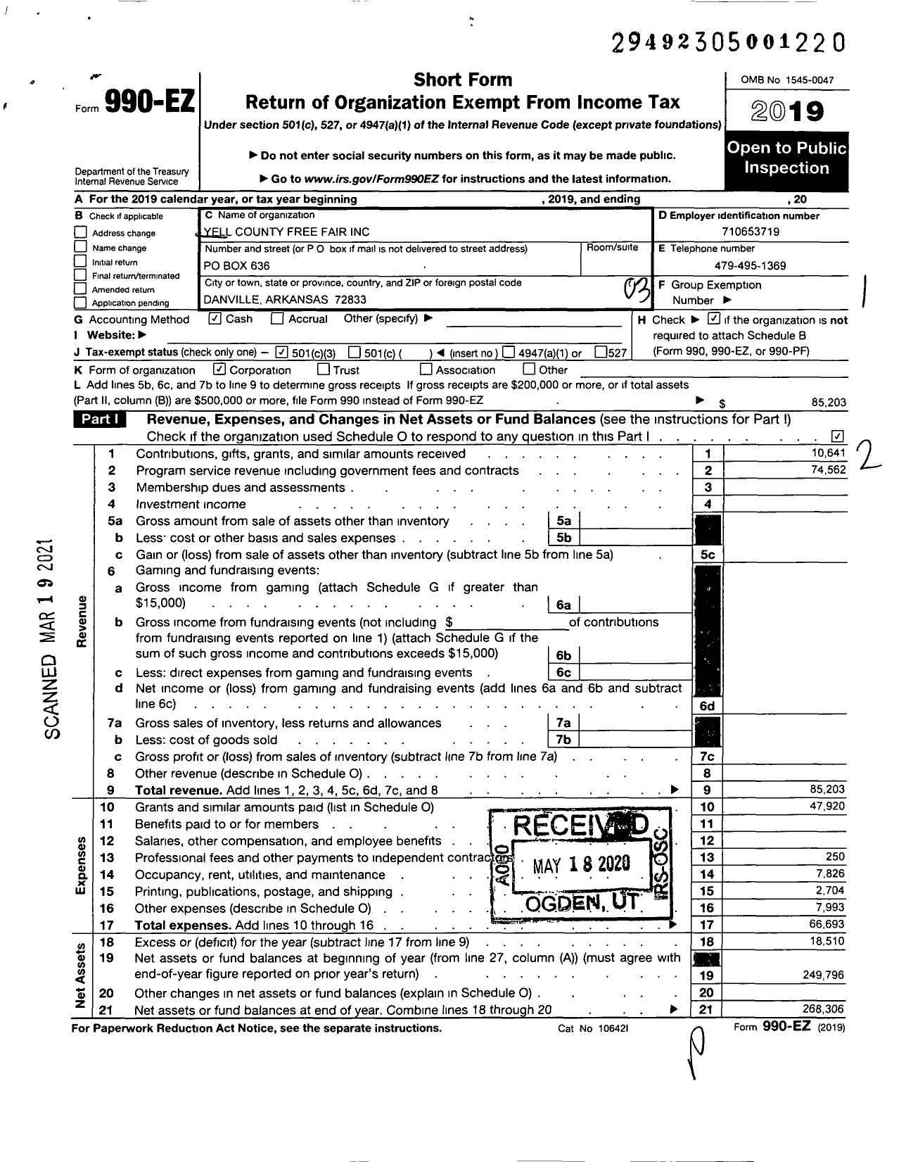 Image of first page of 2019 Form 990EZ for Yell County Free Fair