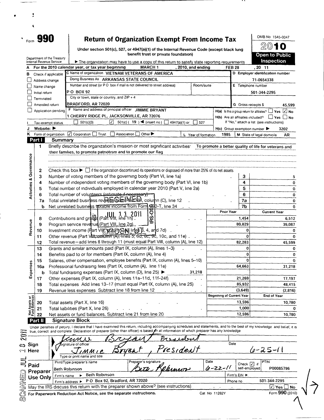 Image of first page of 2010 Form 990O for Vietnam Veterans of America - Arkansas State Council