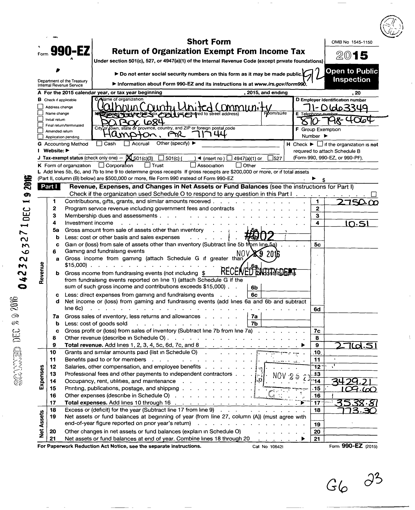 Image of first page of 2015 Form 990EZ for Calhoun County United Community Resources Council