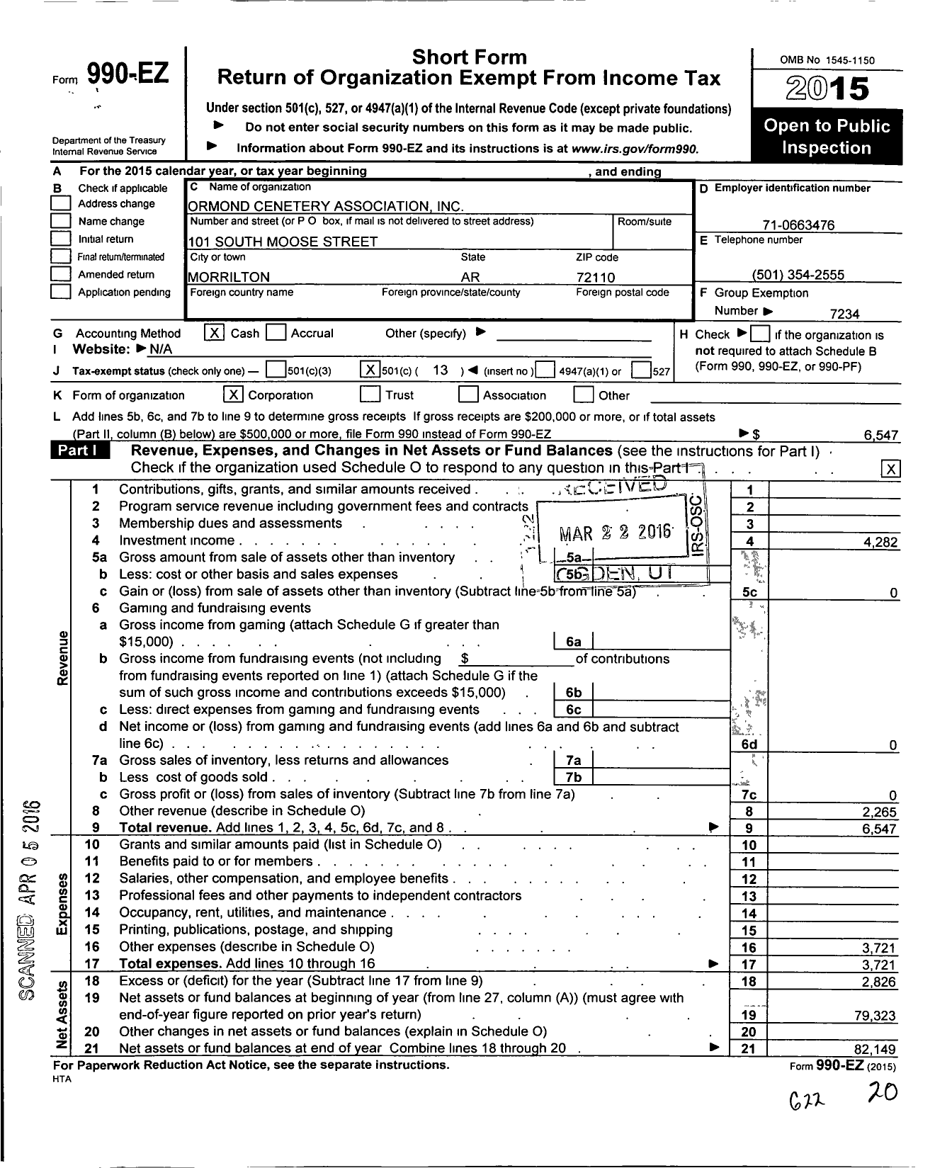 Image of first page of 2015 Form 990EO for Ormond Cemetery Association