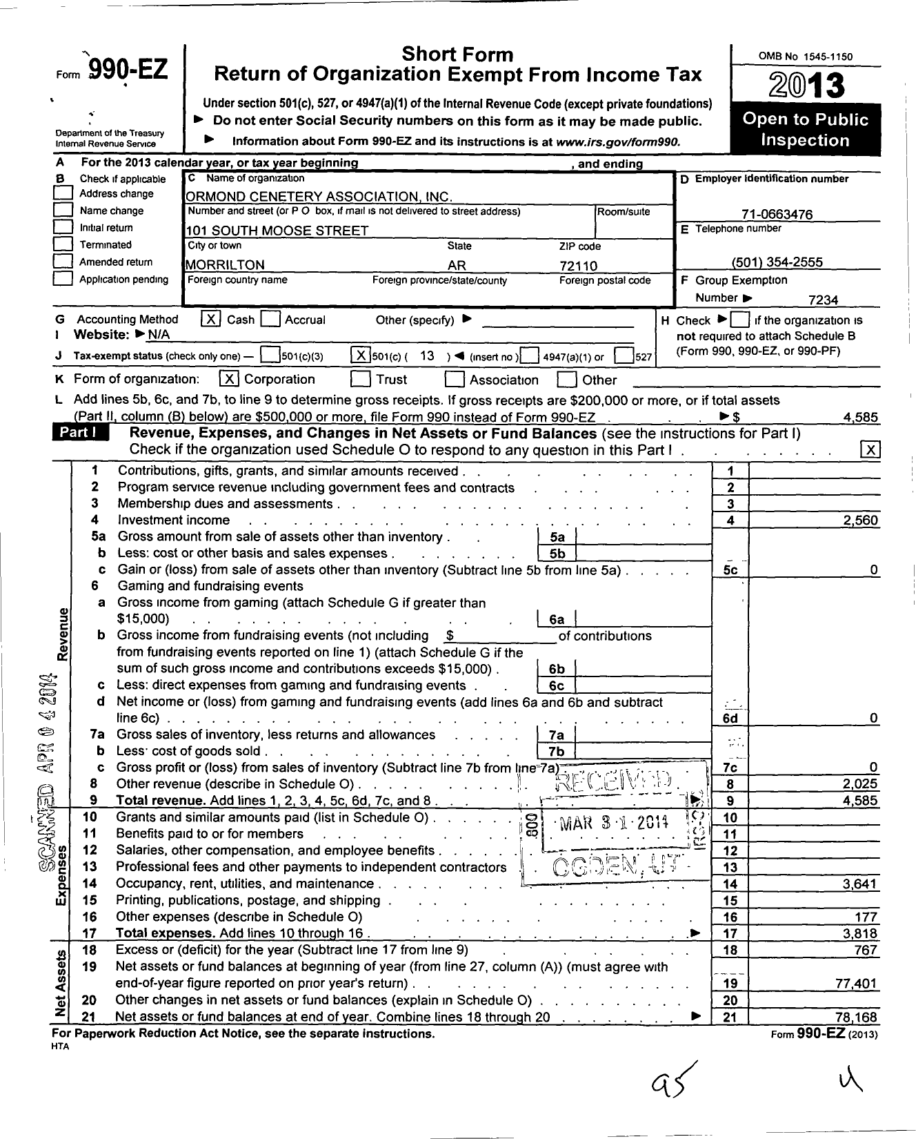 Image of first page of 2013 Form 990EO for Ormond Cemetery Association