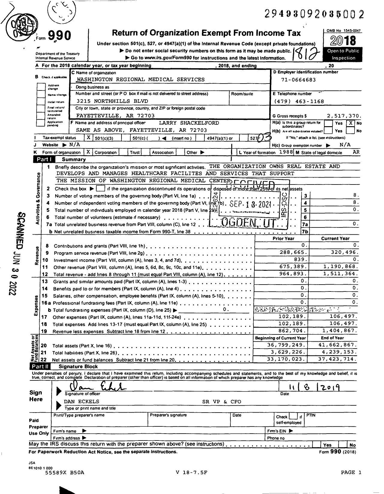 Image of first page of 2018 Form 990 for Washington Regional Medical Services