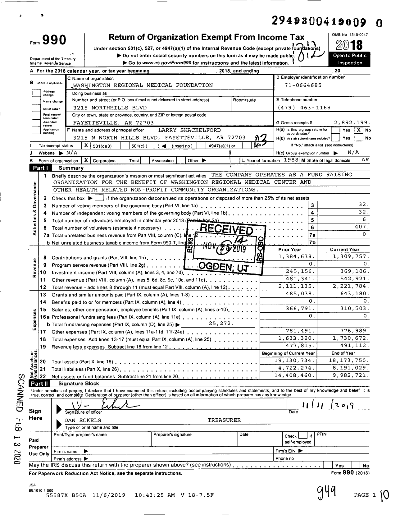 Image of first page of 2018 Form 990 for Washington Regional Medical Foundation
