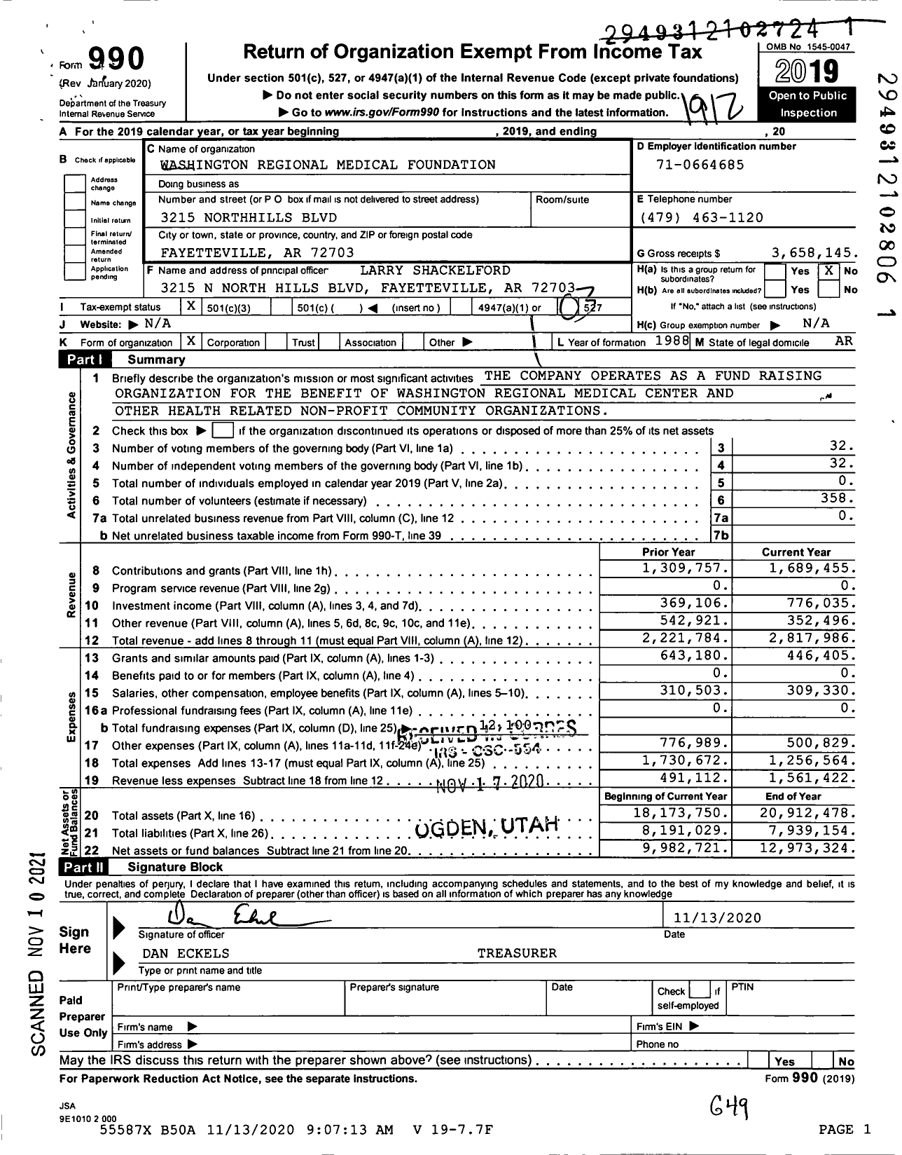 Image of first page of 2019 Form 990 for Washington Regional Medical Foundation