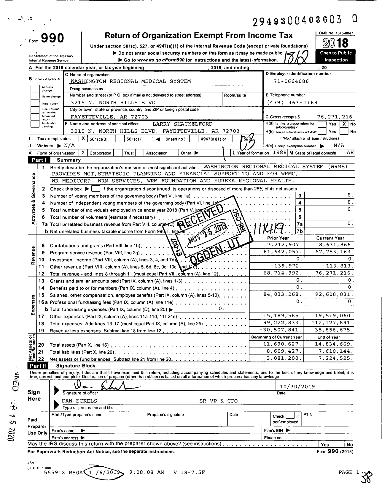 Image of first page of 2018 Form 990 for Washington Regional Medical System
