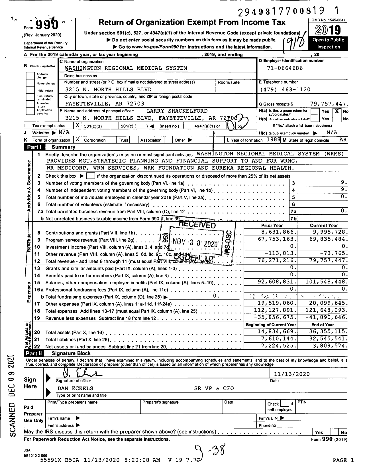 Image of first page of 2019 Form 990 for Washington Regional Medical System