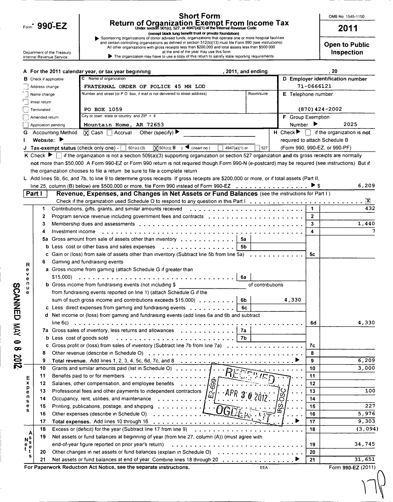 Image of first page of 2011 Form 990EO for Fraternal Order of Police - 45 Mountain Home Lodge