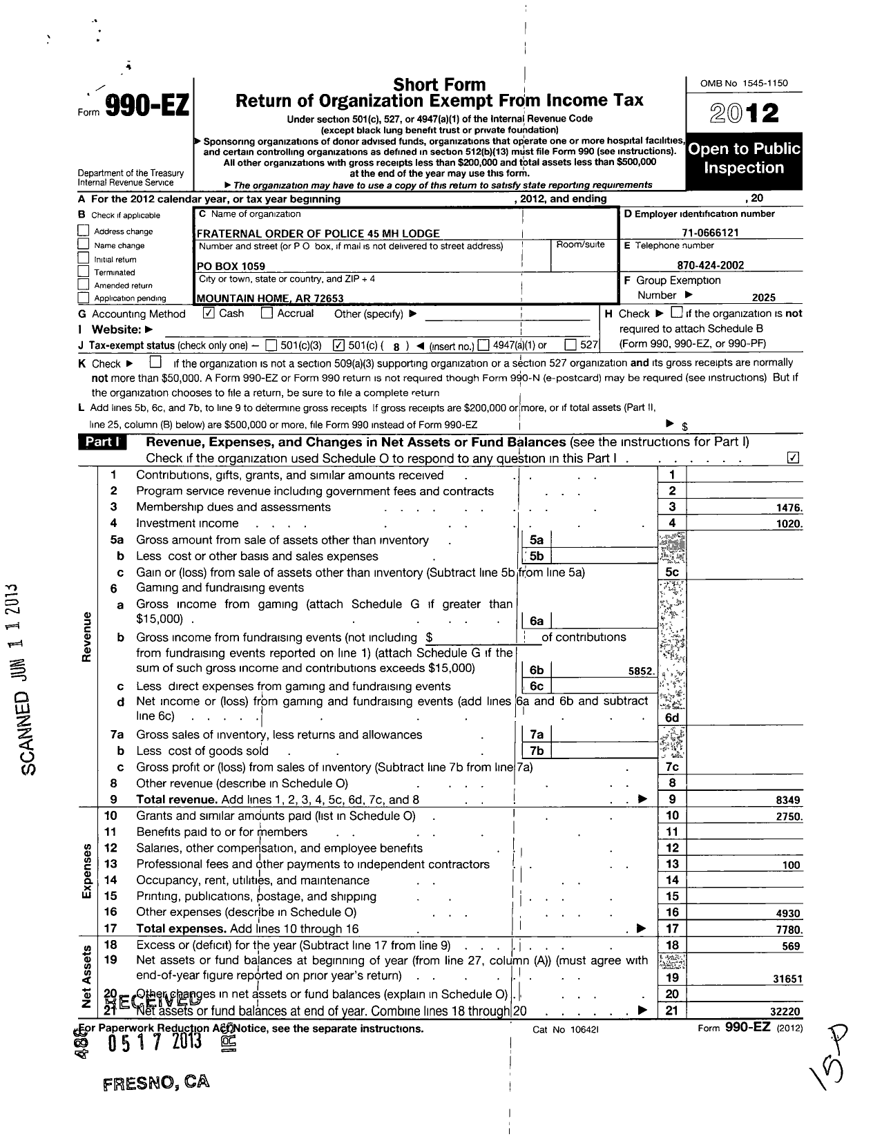 Image of first page of 2012 Form 990EO for Fraternal Order of Police - 45 Mountain Home Lodge