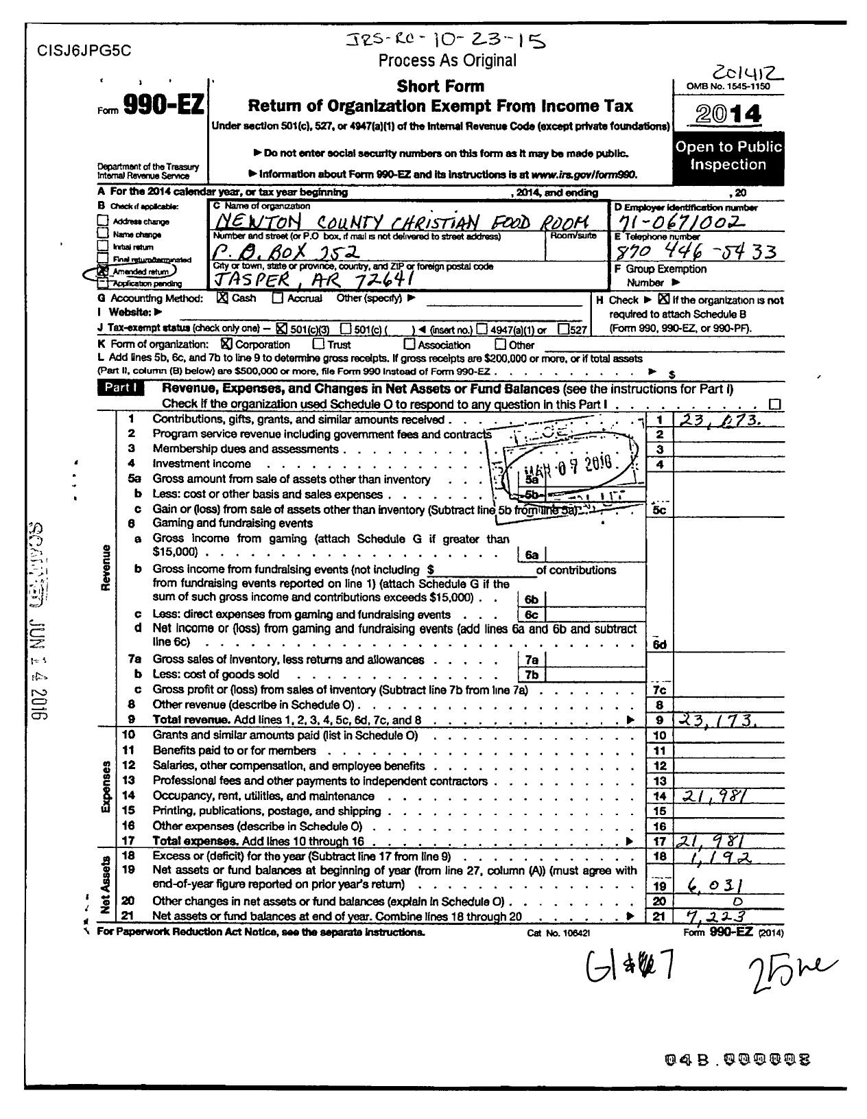 Image of first page of 2014 Form 990EZ for Newton County Christian Foodroom