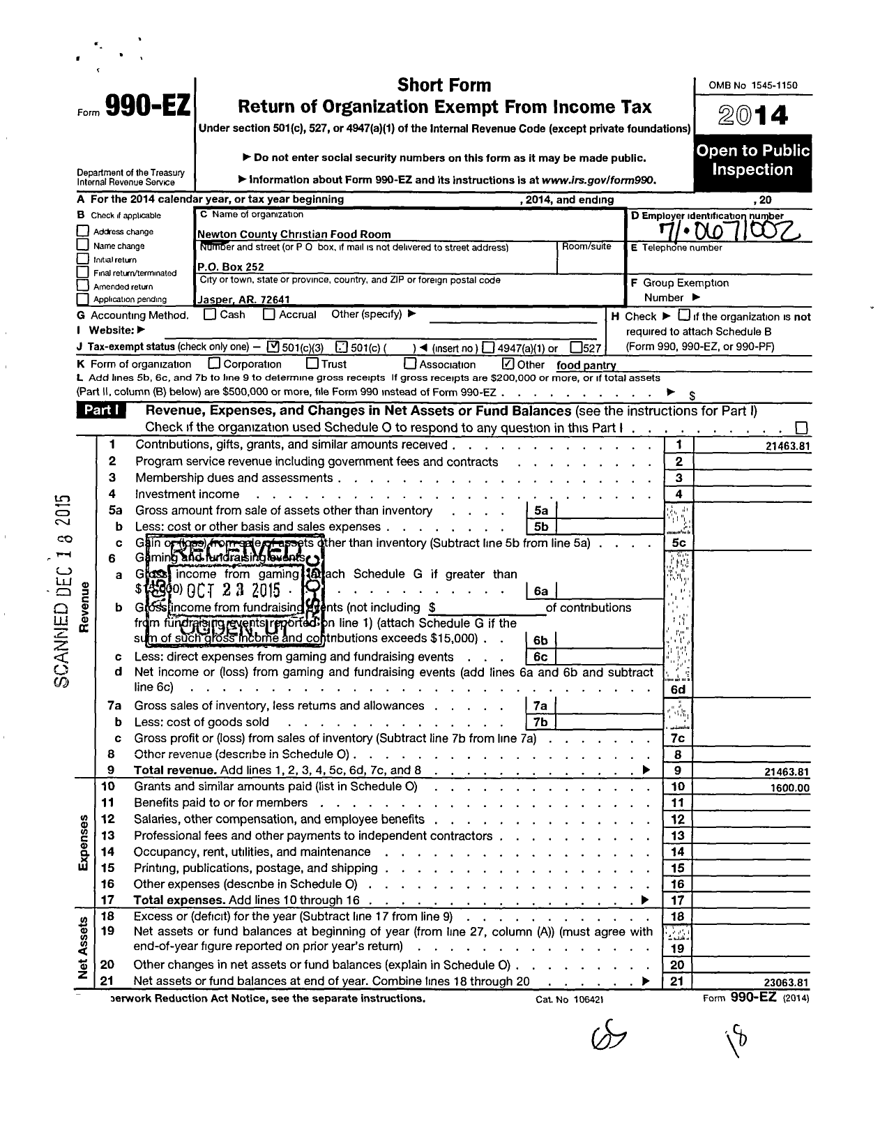 Image of first page of 2014 Form 990EZ for Newton County Christian Foodroom