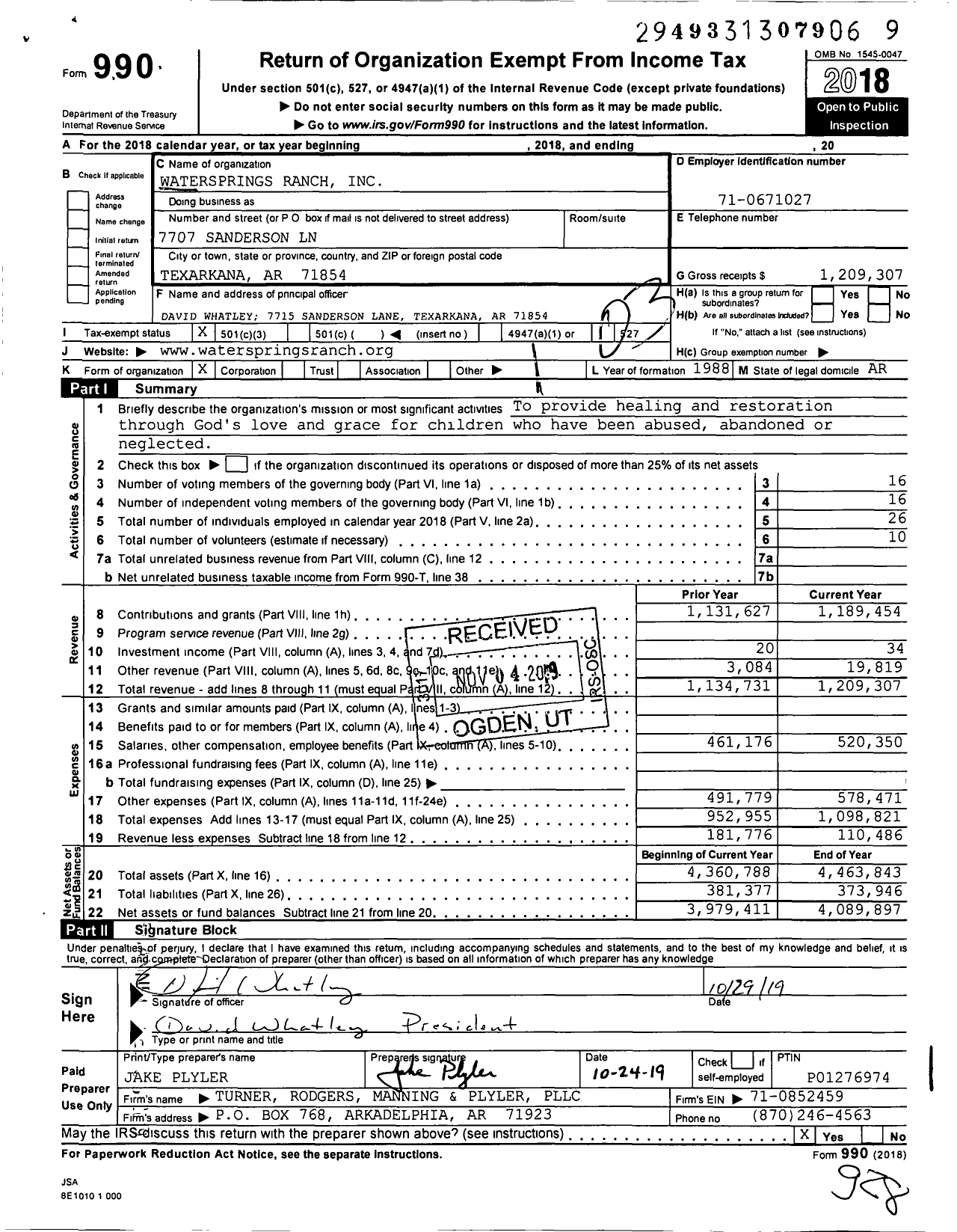 Image of first page of 2018 Form 990 for Watersprings Ranch