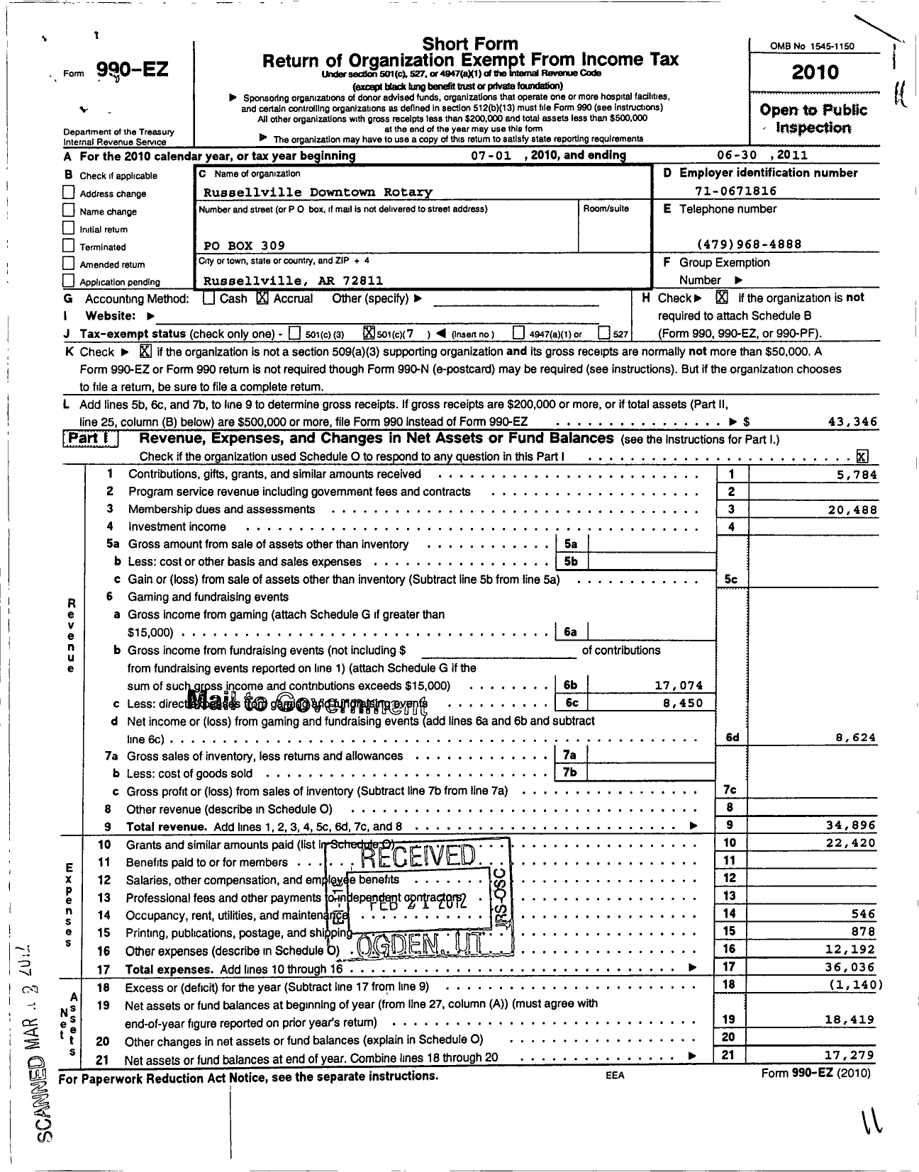 Image of first page of 2010 Form 990EO for Rotary International Russellville Downtown Rotary Club