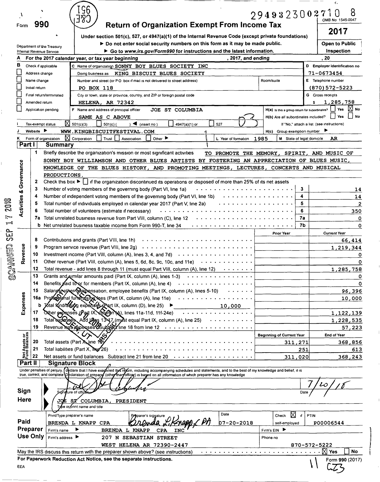 Image of first page of 2017 Form 990 for King Biscuit Blues Society