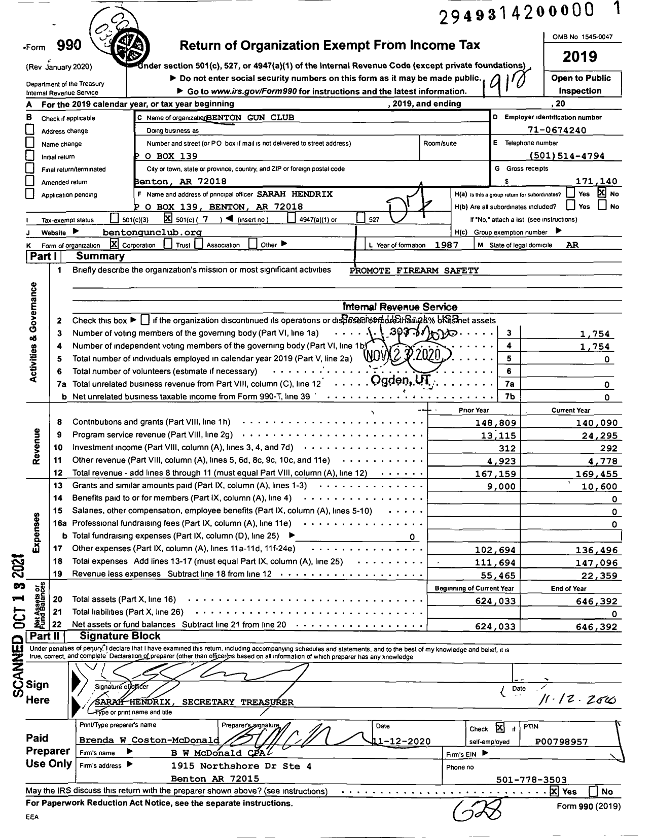 Image of first page of 2019 Form 990O for Benton Gun Club