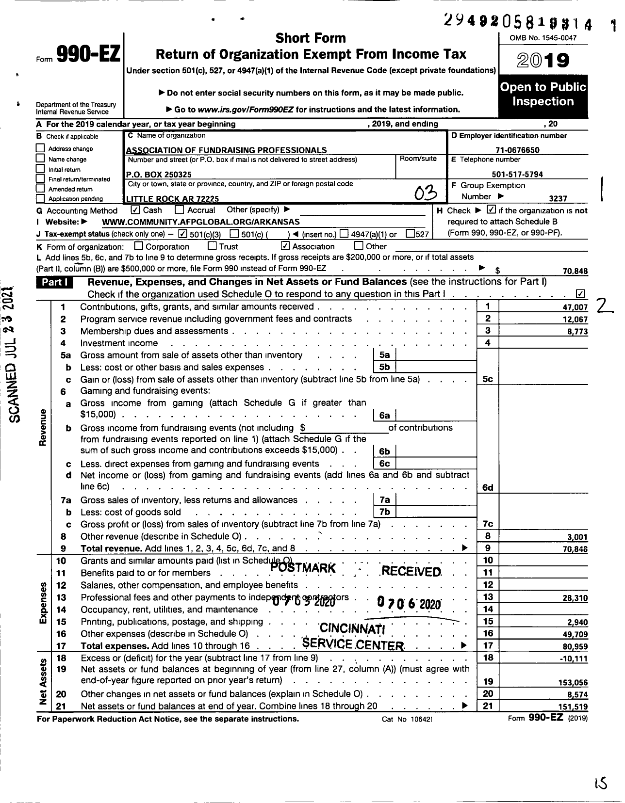 Image of first page of 2019 Form 990EZ for Association of Fundraising Professionals Arkansas Chapter