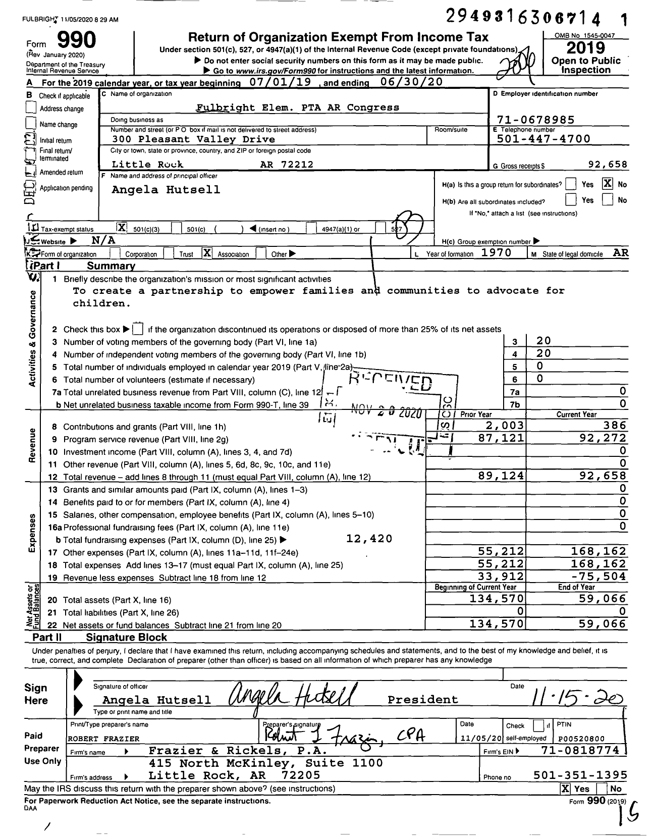 Image of first page of 2019 Form 990 for PTA Arkansas Congress Fulbright Elementary