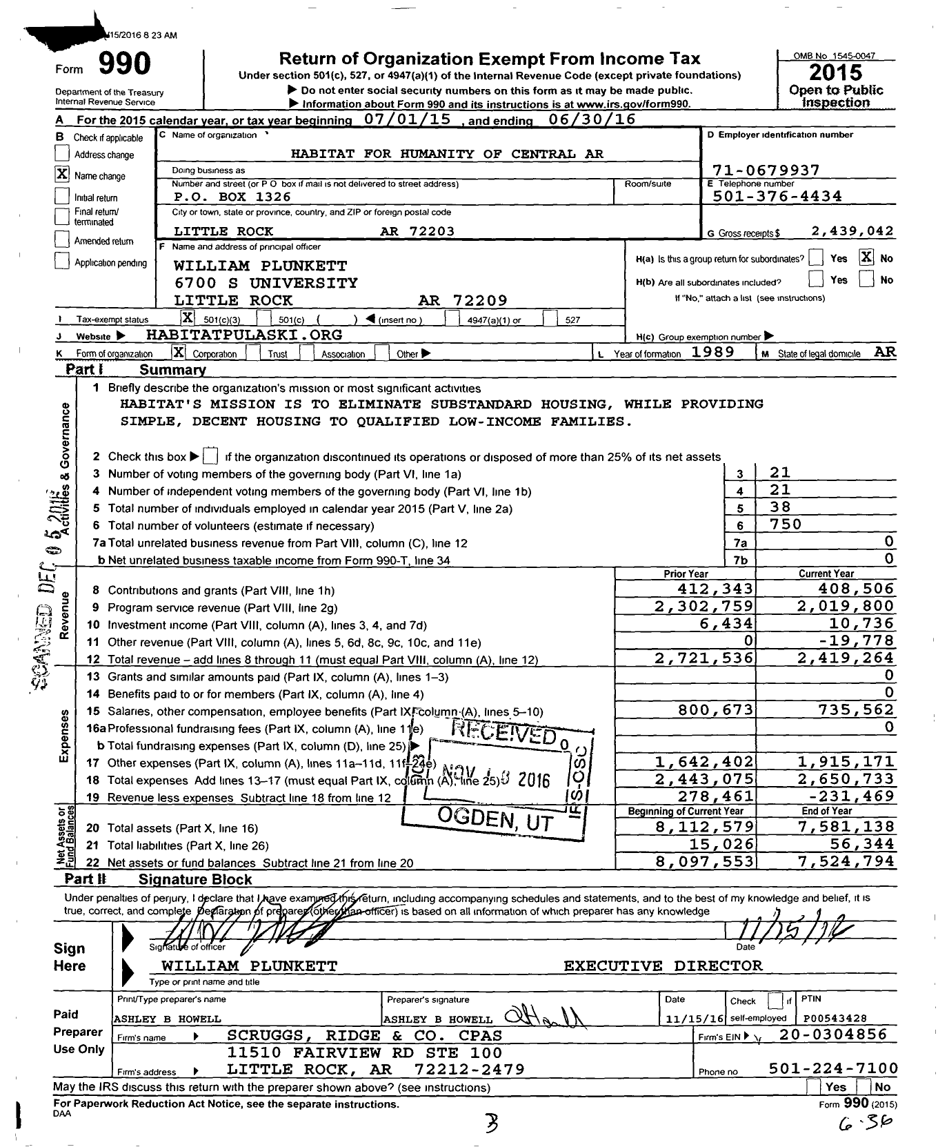 Image of first page of 2015 Form 990 for Habitat for Humanity of Central Arkansas