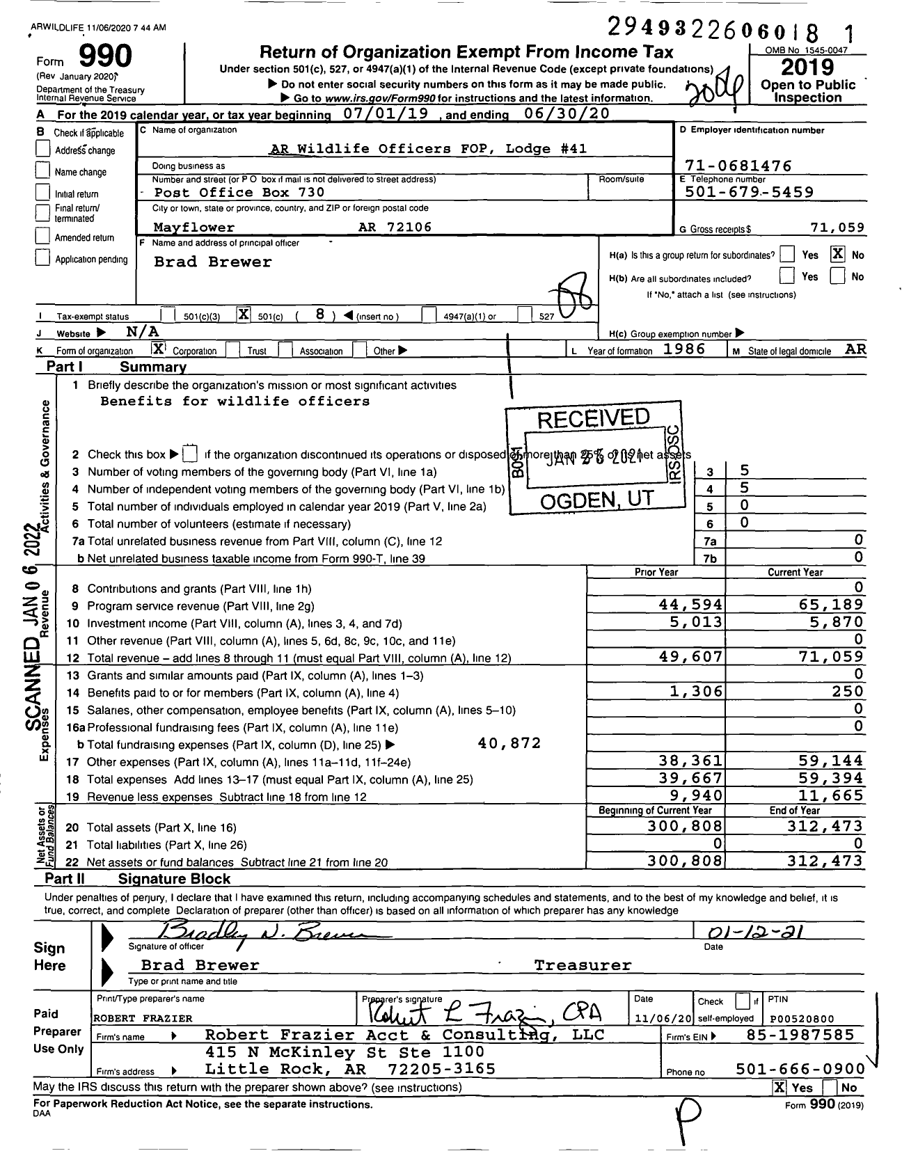 Image of first page of 2019 Form 990O for Fraternal Order of Police - 41 Arkansas Wildlife Officer