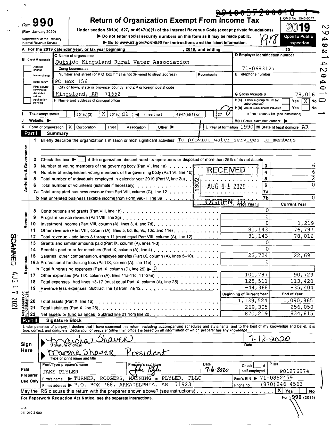 Image of first page of 2019 Form 990O for Outside Kingsland Rural Water Association